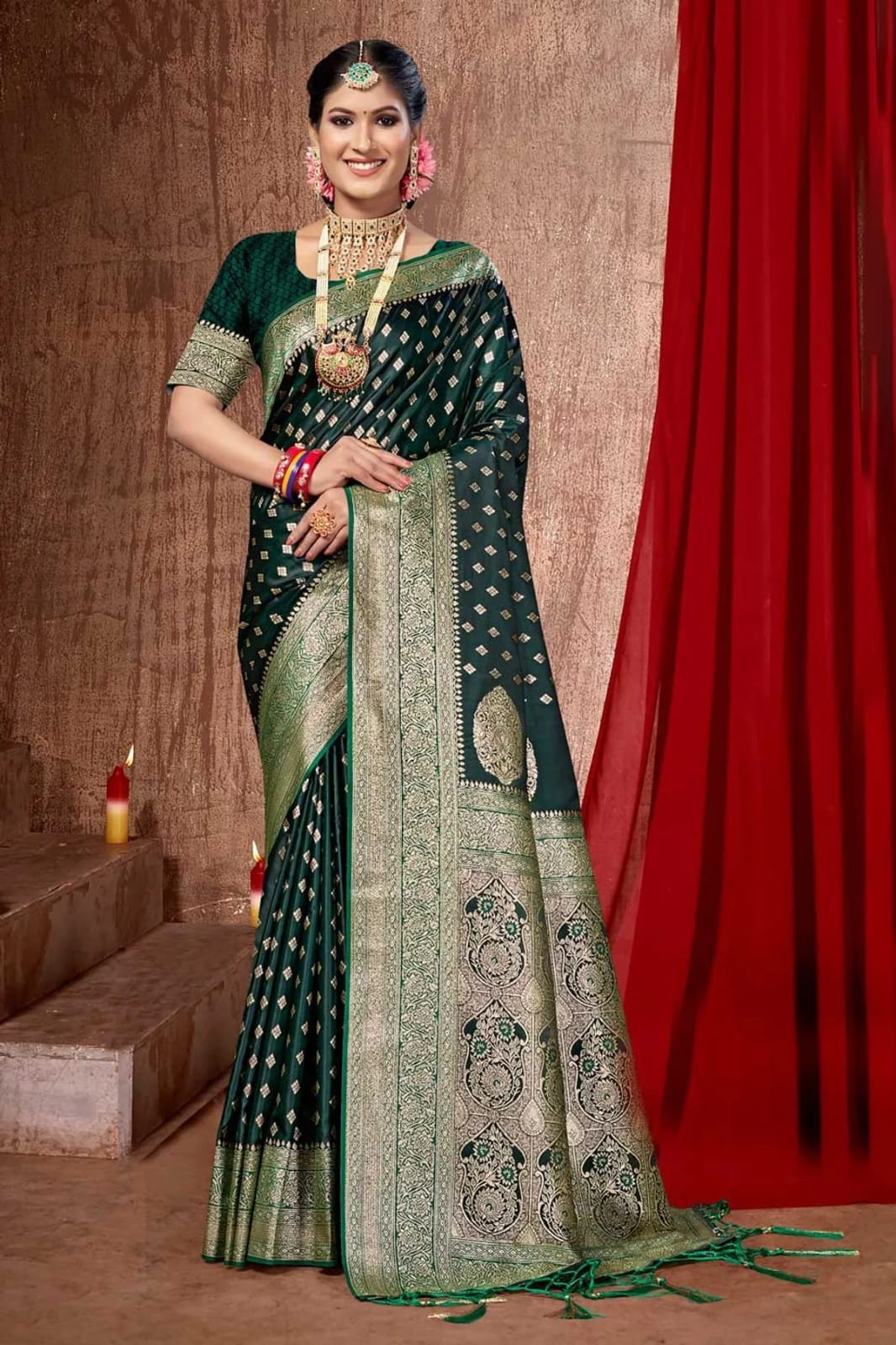 "Handcrafted Banarasi Silk Saree from Soojidaarada Mane with intricate gold zari work."