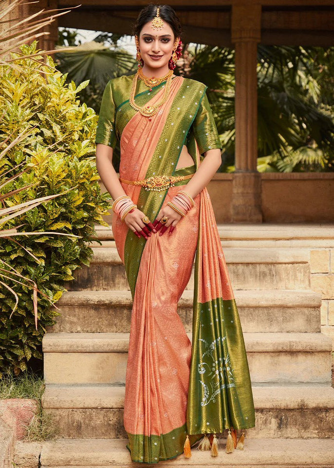 Handcrafted Kanjivaram saree with vibrant Lambani motifs, combining traditional Tamil Nadu silk with colorful mirror work and embroidery from Karnataka's Lambani artisans.