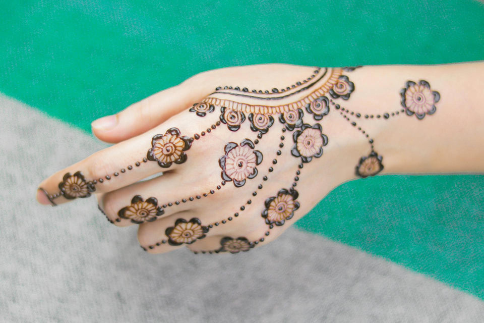 "Mehendi design on hands paired with an ethnic saree from Soojidaarada Mane."