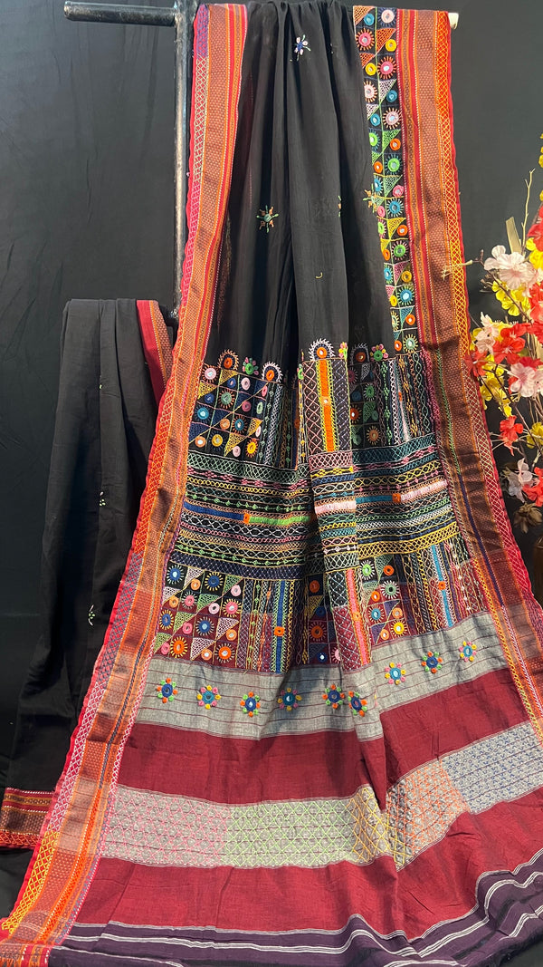 Black with Multicolor Hand Embroidered Pallu Ilkal Cotton Lambani Saree
