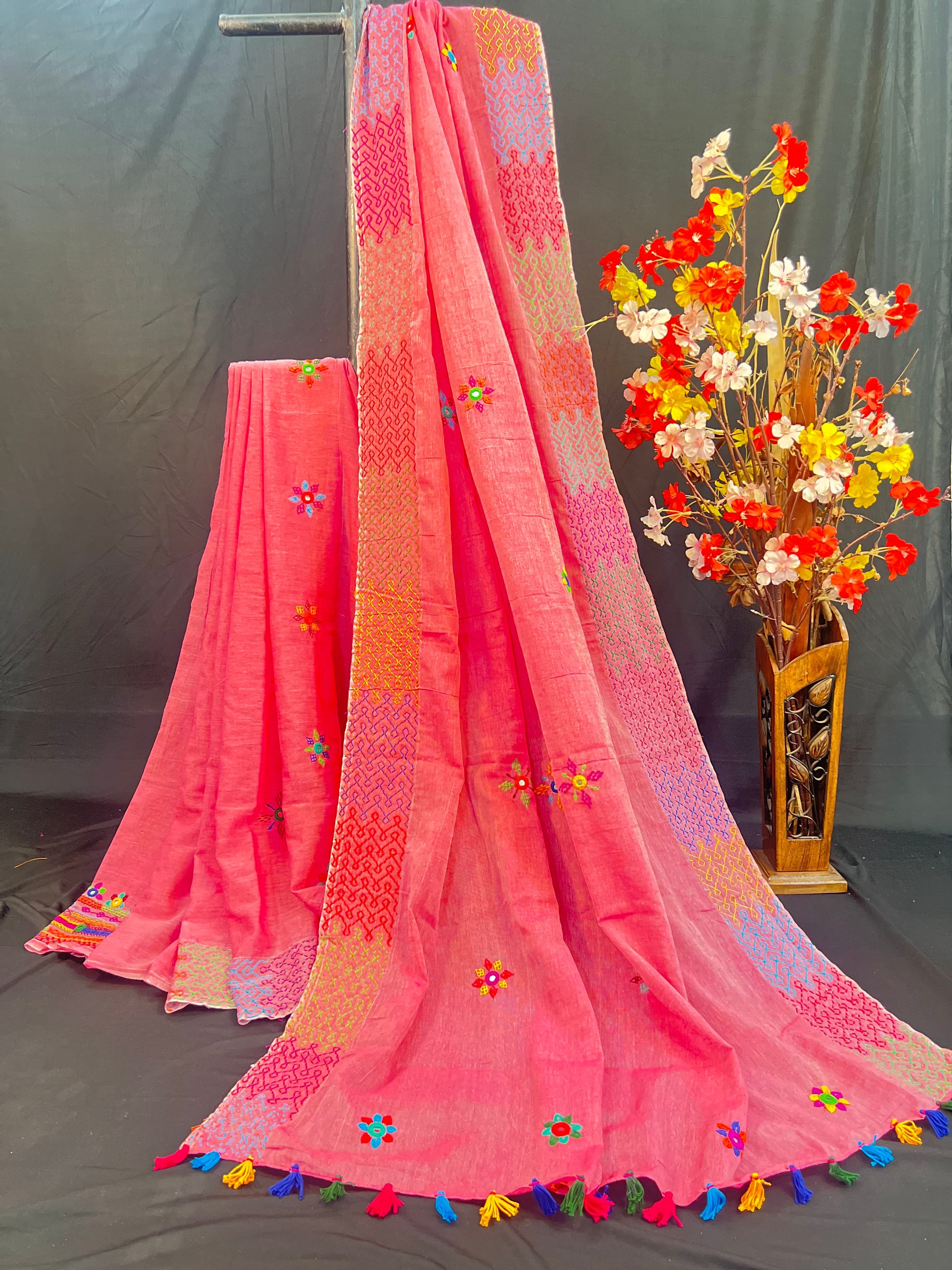 Blush Pink Lambani Embroidered Soft Cotton Saree with Multicolor Tassels