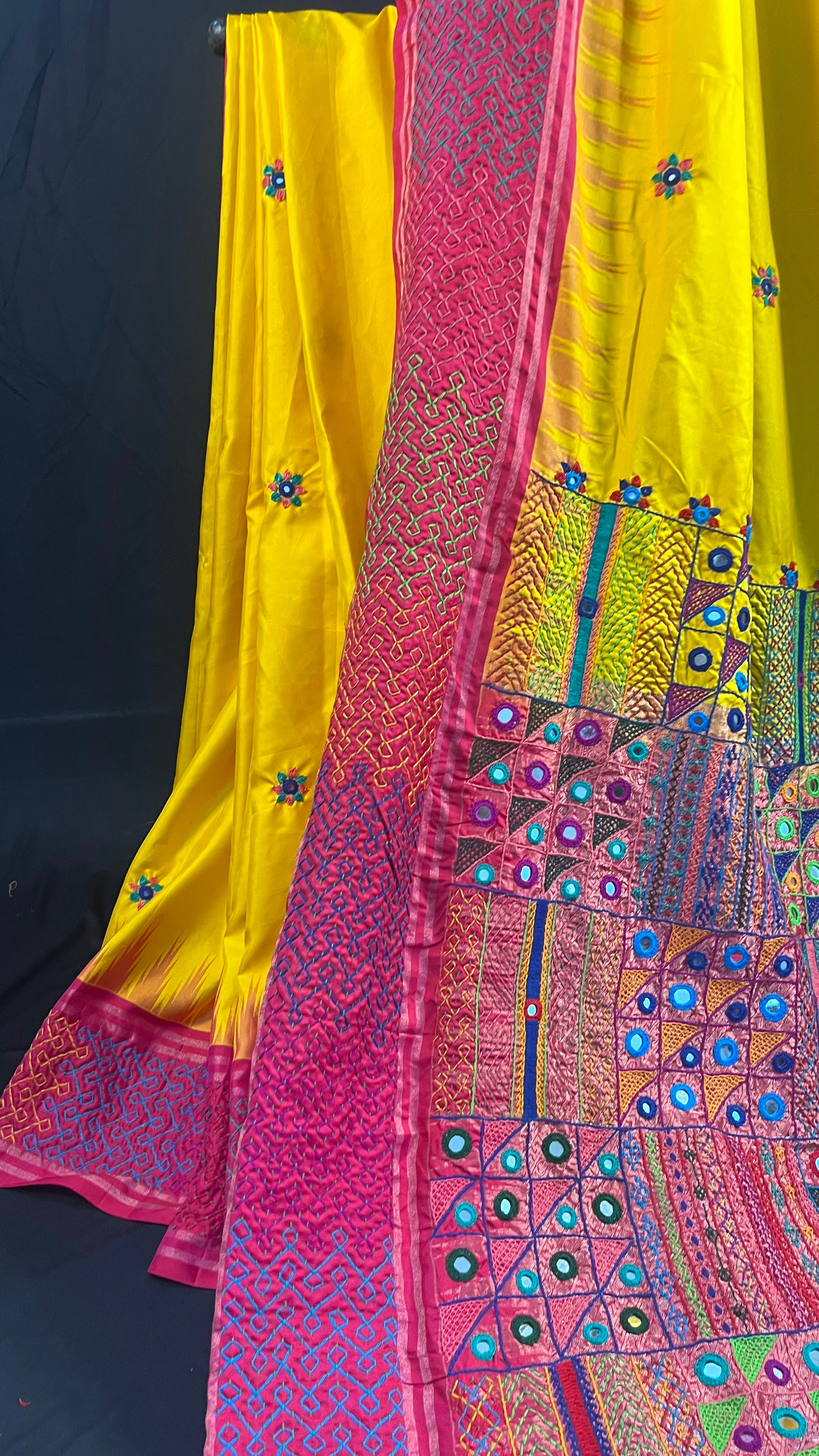 Bright Yellow & Rani Pink Heavy Embroidered Saree Molakalmuru Silk Lambani Saree