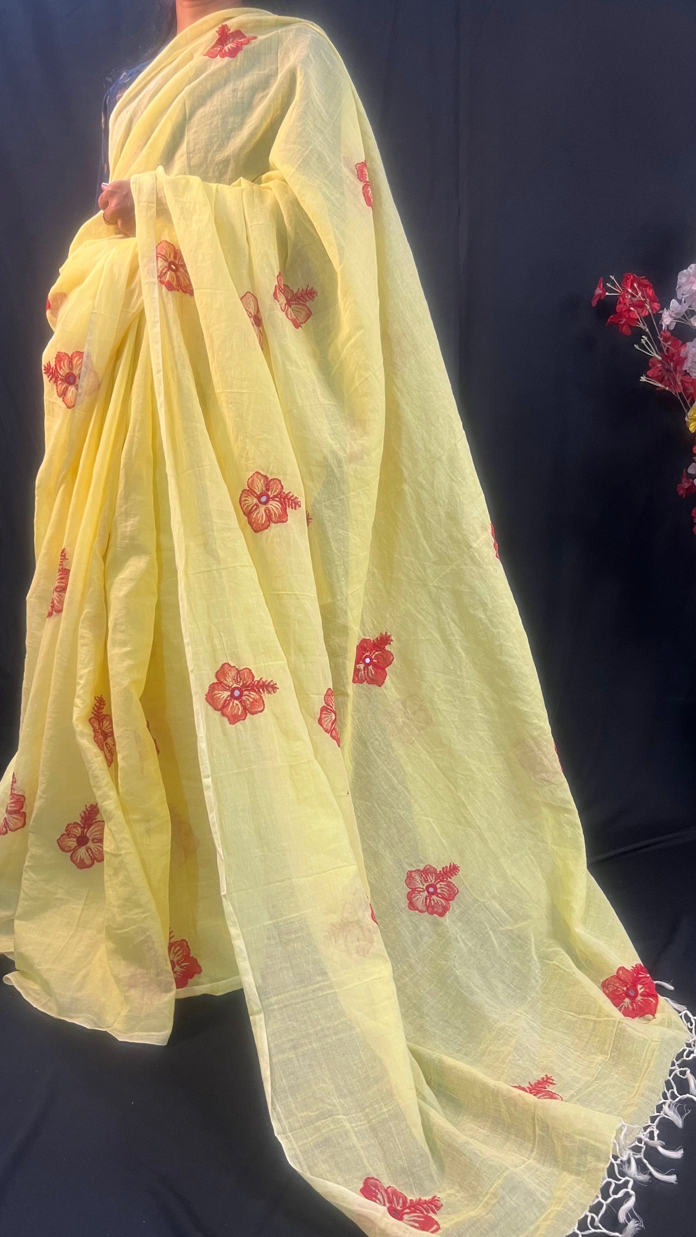 Butter Yellow Soft Cotton Saree with Floral Mirror Work Embroidery
