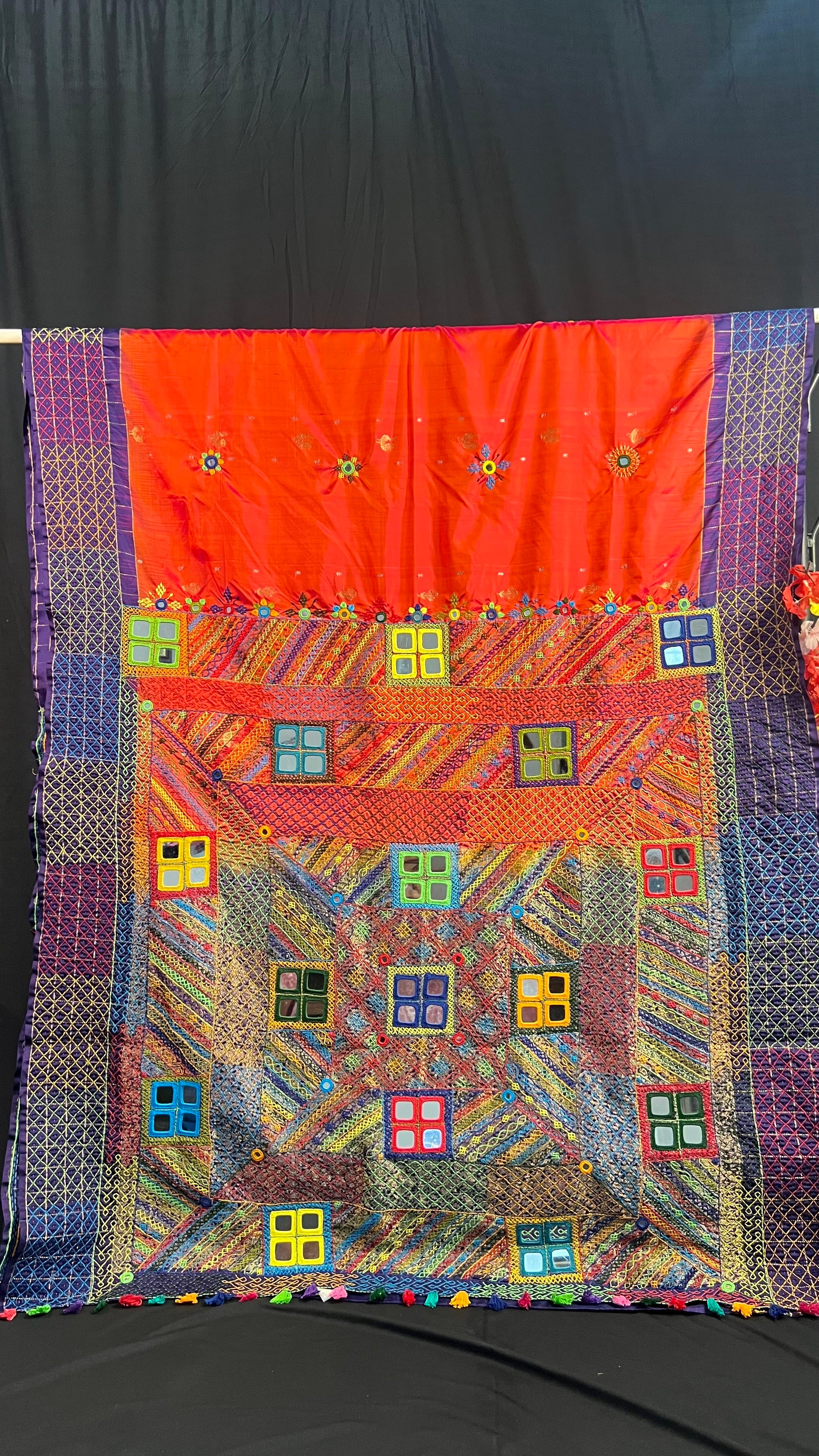 Coral Orange & Royal Purple with Mirror Embroidered Pallu Molakalmuru Silk Lambani Saree