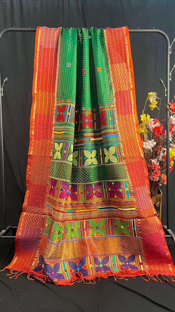 Emerald Green & Burnt Orange Molakalmuru Lambani Saree