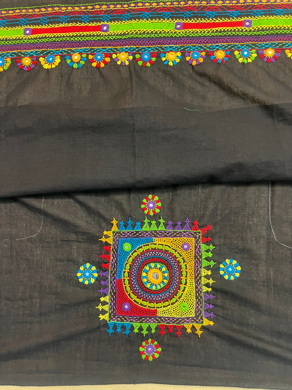 Charcoal Black with Multicolor Motif  Lambani Embroidery Handloom Cotton Blouse Piece