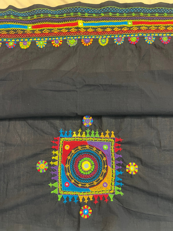 Charcoal Black with Multicolor Motif Lambani Embroidery Handloom Cotton Blouse Piece