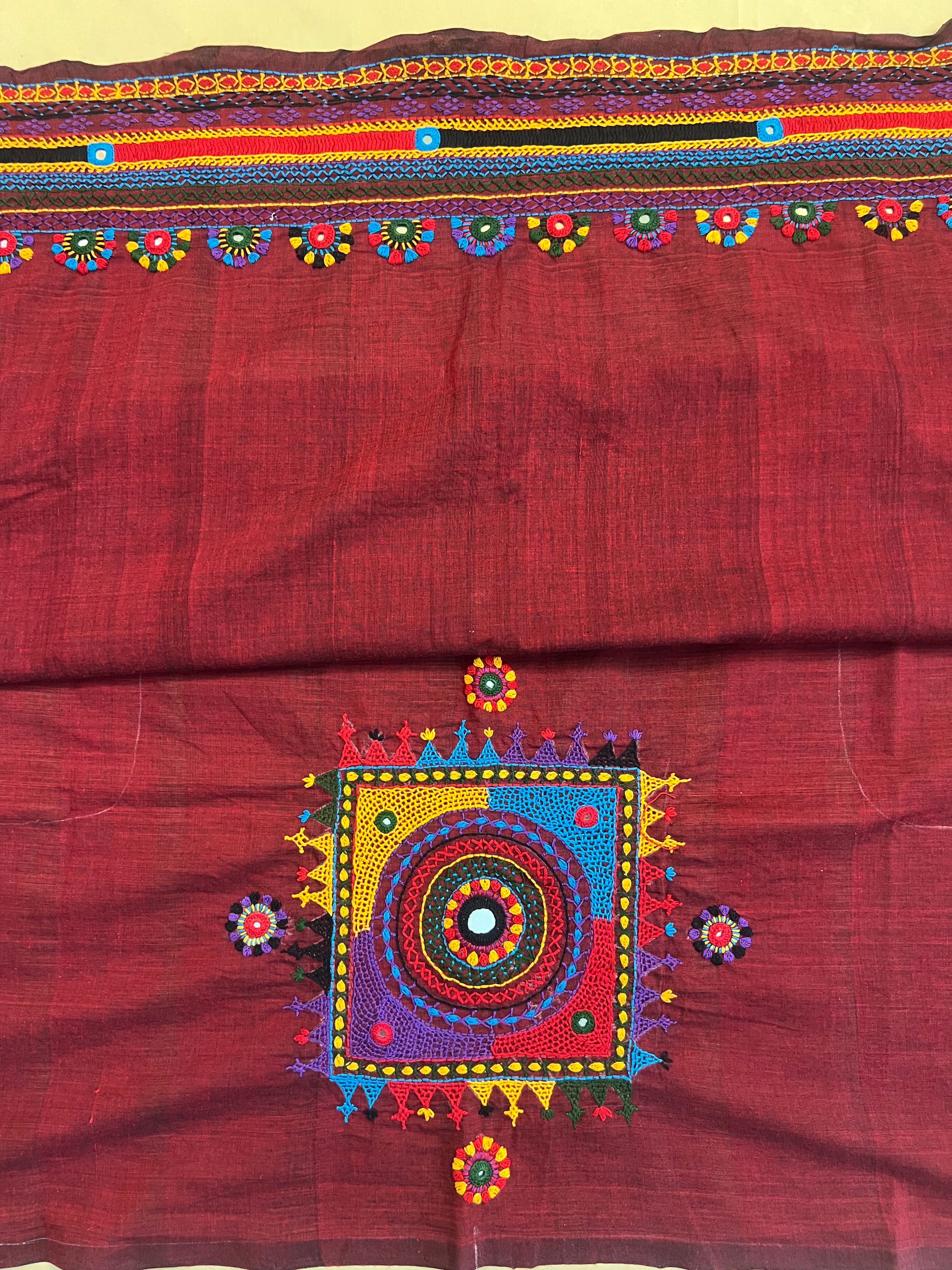 Deep Wine Maroon with Multicolor Motif Lambani Embroidery Handloom Cotton Blouse Piece