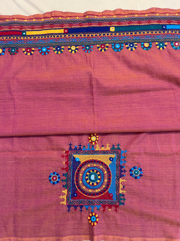 Dusty Rose Pink with Multicolor Motif Lambani Embroidery Handloom Cotton Blouse Piece