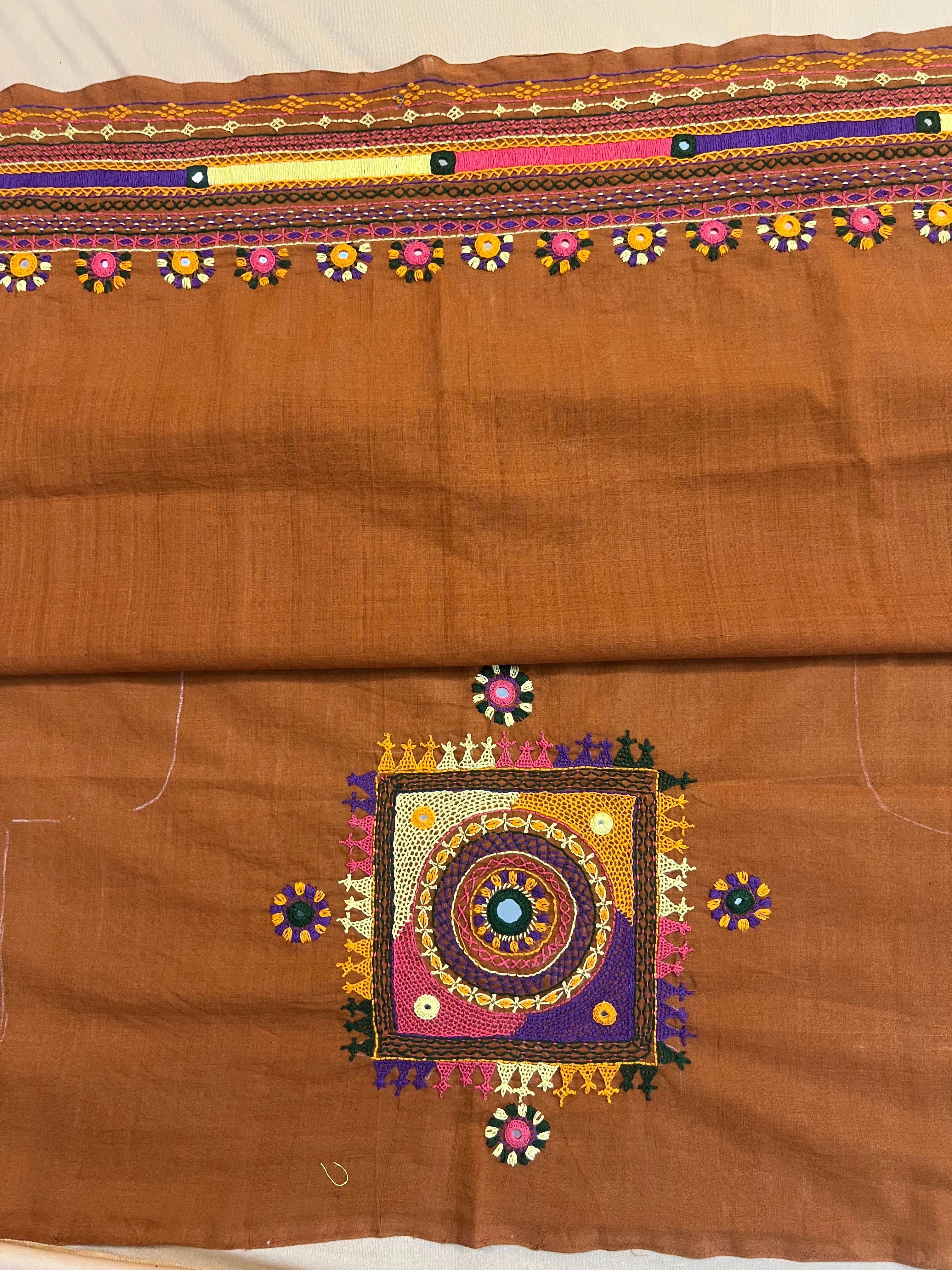 Earthy Brown with Multicolor Motif Lambani Embroidery Handloom Cotton Blouse Piece