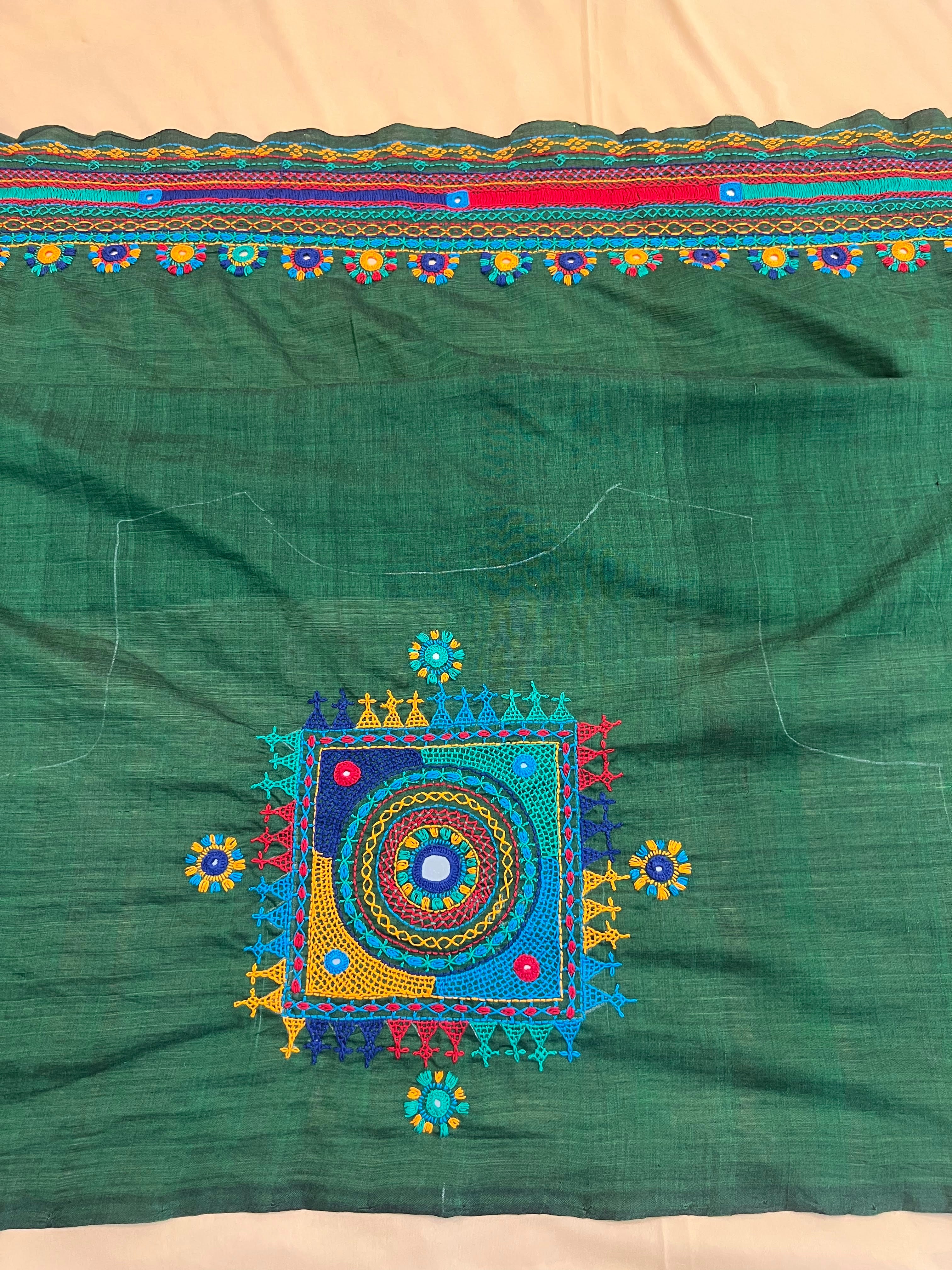 Green with Multicolor Work Lambani Embroidery Handloom Cotton Blouse Piece