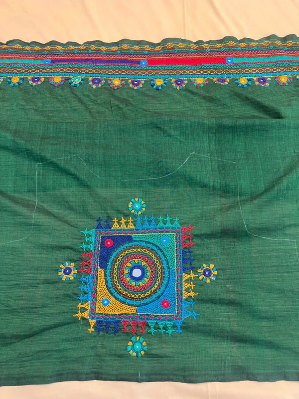 Green with Multicolor Work Lambani Embroidery Handloom Cotton Blouse Piece