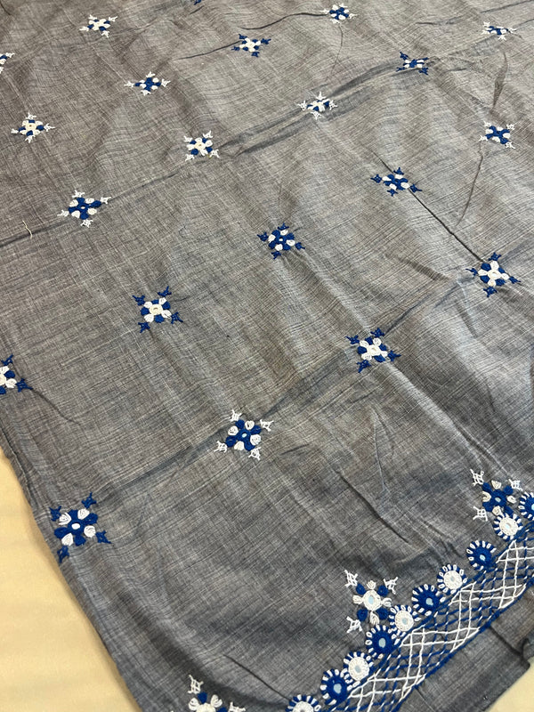 Grey with Blue & White Work Lambani Embroidery Handloom Cotton Blouse Piece