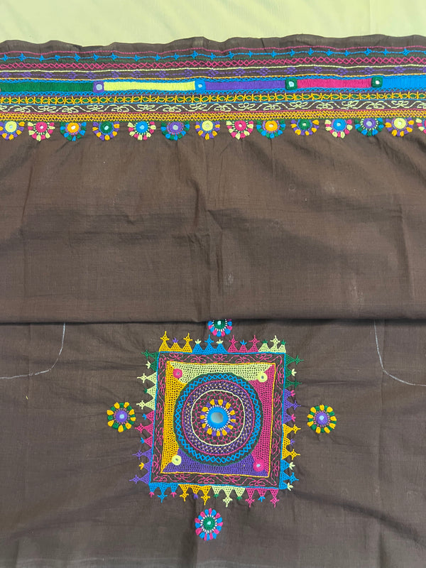 Grey with Multicolor Motif Lambani Embroidery Handloom Cotton Blouse Piece