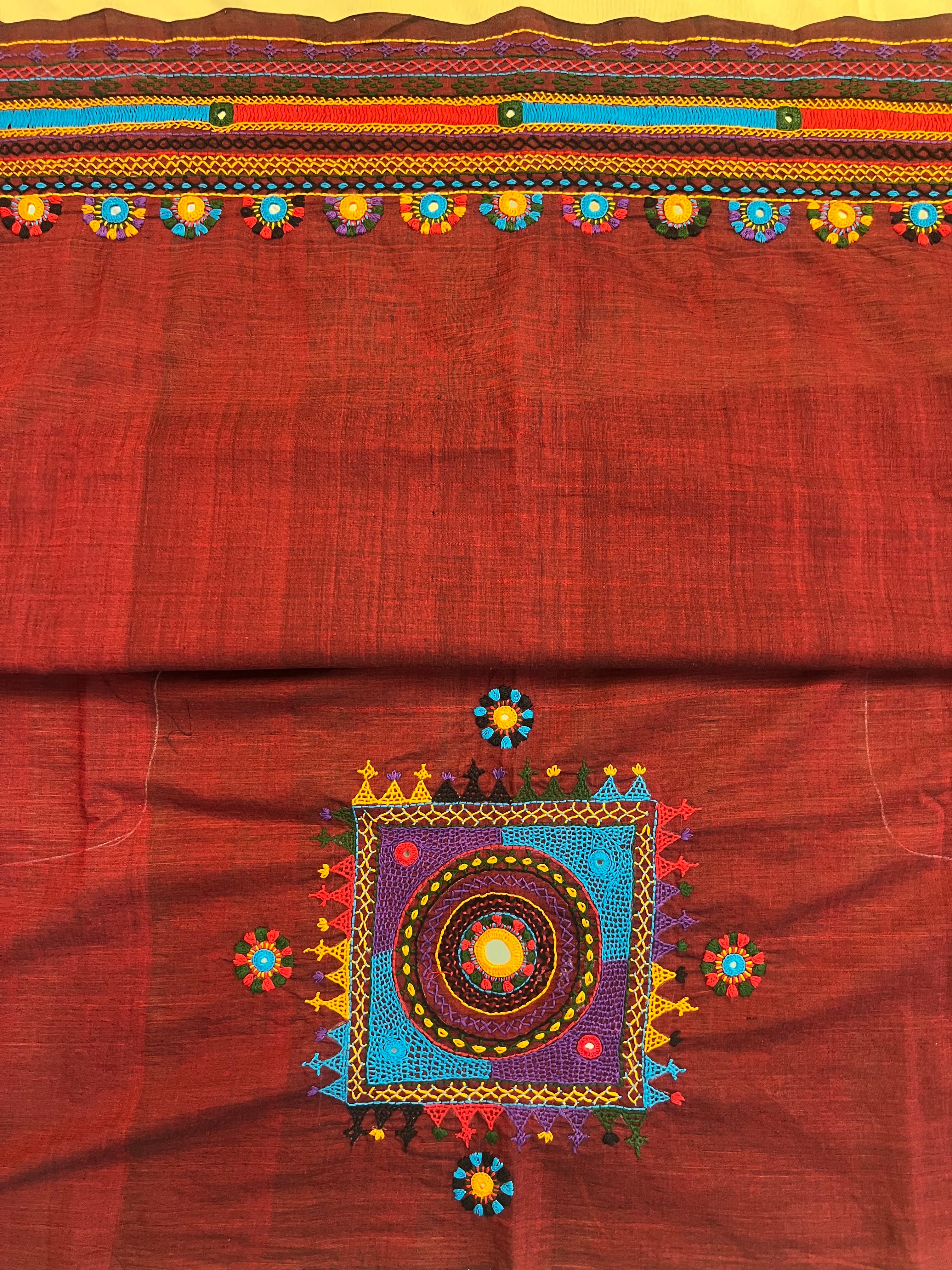 Rust Red with Statement Motif Lambani Embroidery Handloom Cotton Blouse Piece