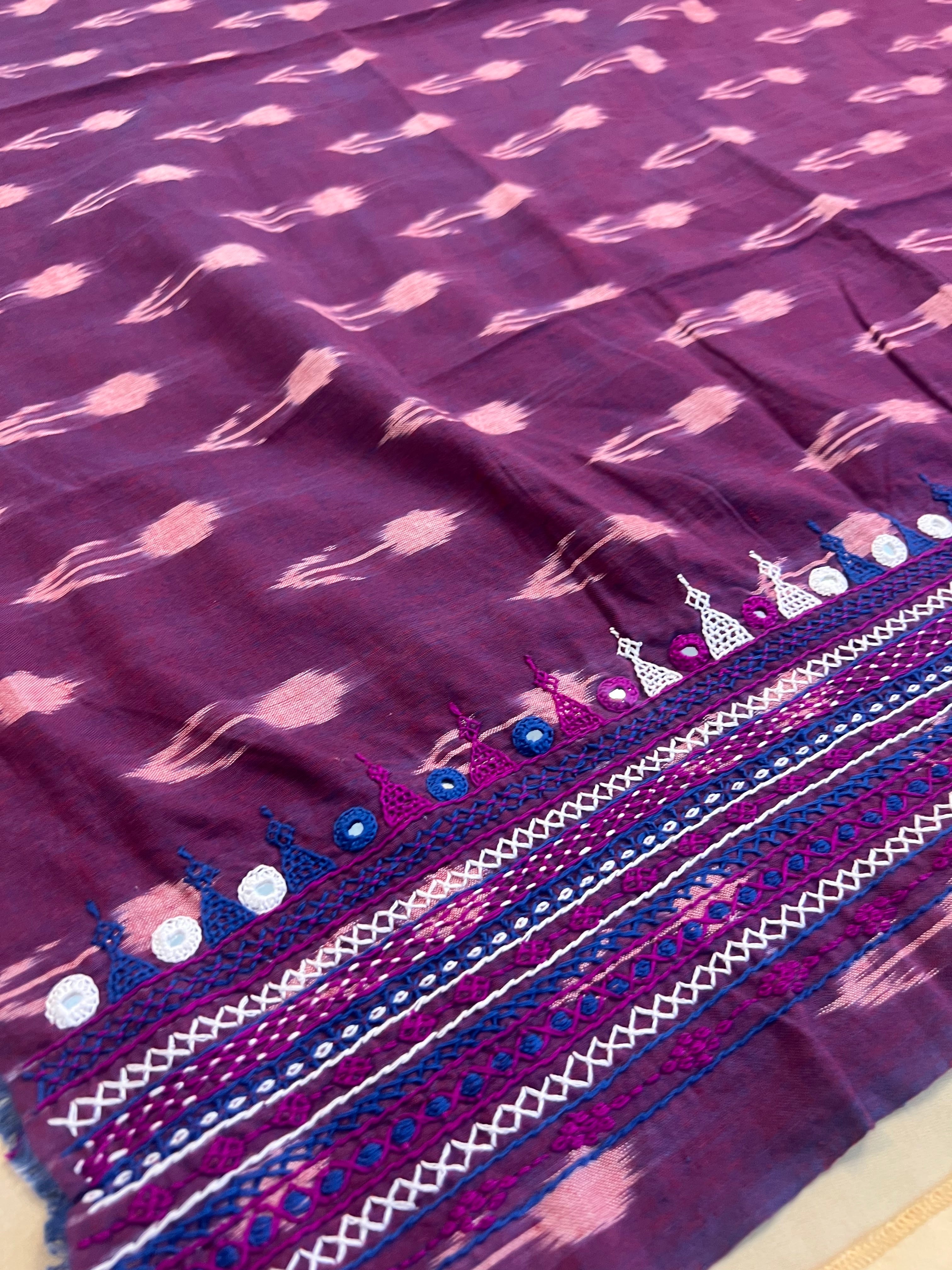 Purple  Lambani Embroidered Border Handloom Ikat Cotton Blouse Piece
