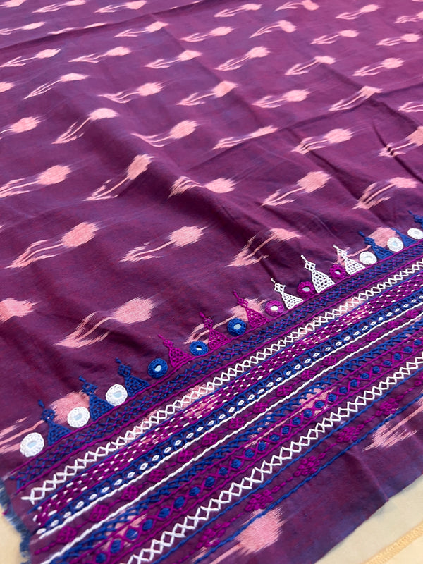 Purple  Lambani Embroidered Border Handloom Ikat Cotton Blouse Piece
