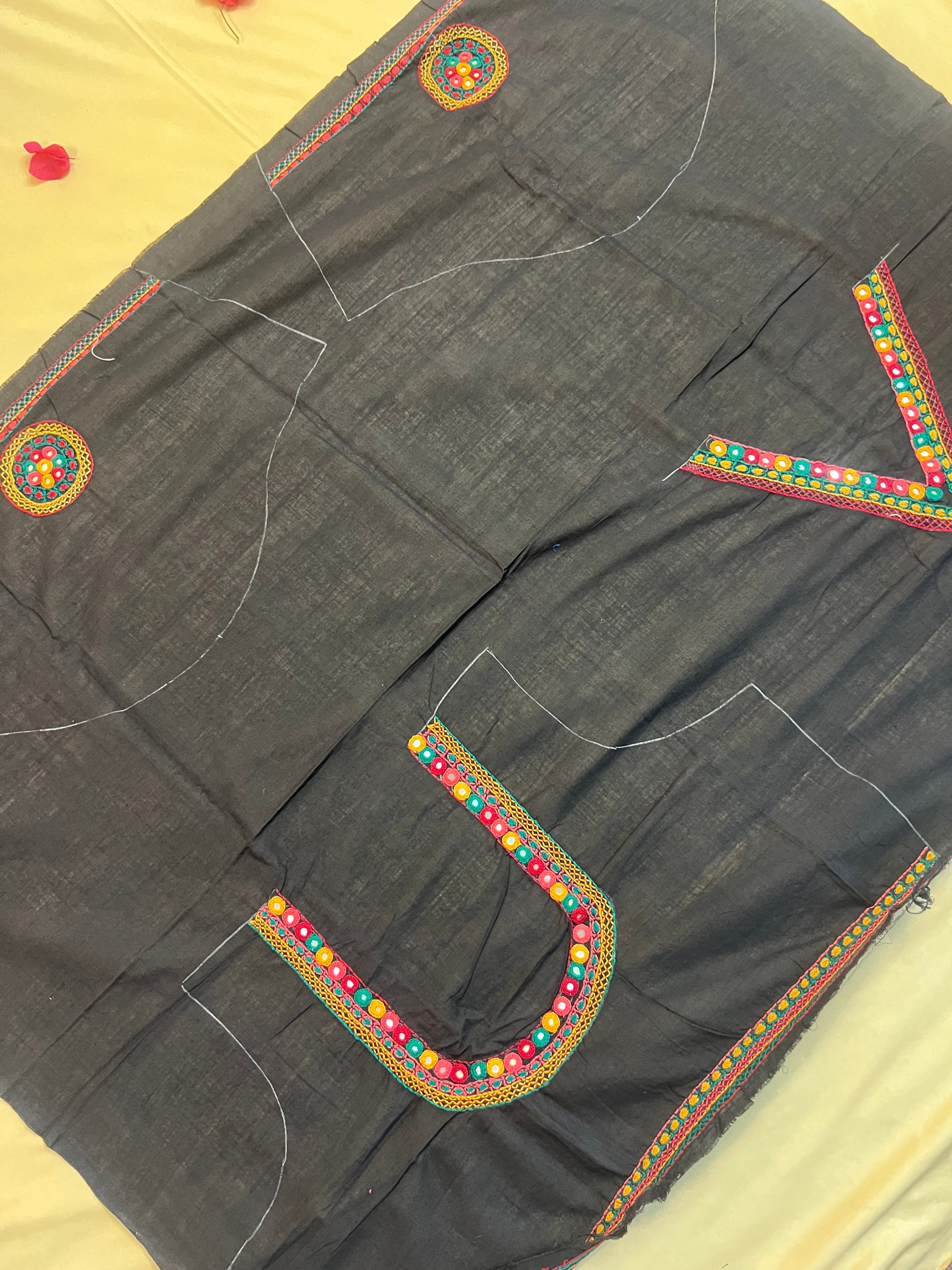 Black Multicolor Classic Design Handloom Mangalagiri Cotton Lambani Embroidered Blouse Piece (Unstitched)