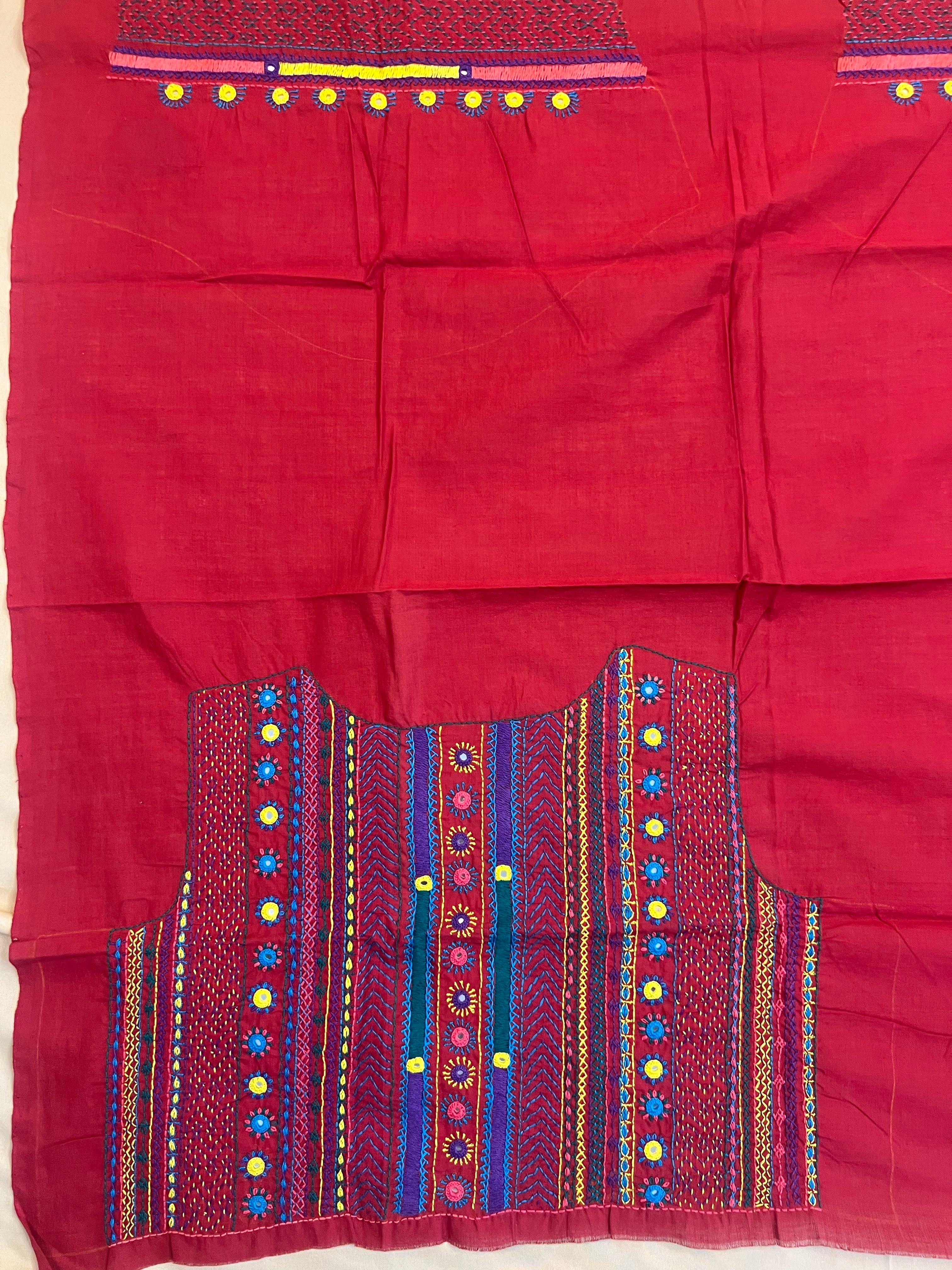 Bright Red Festive Statement Design Handloom Mangalagiri Cotton Lambani Embroidered Blouse Piece (Unstitched)