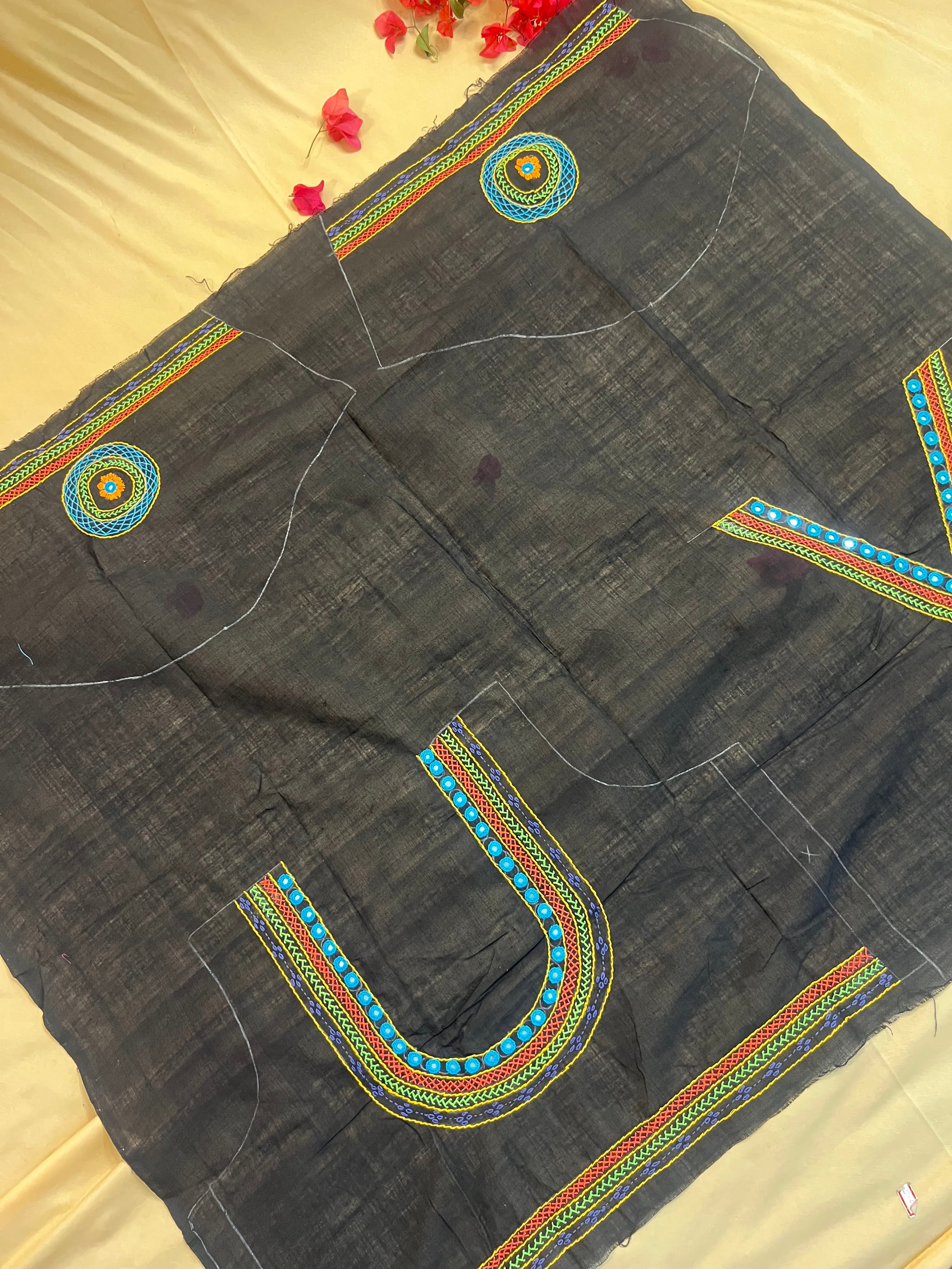 Charcoal Black Multicolor Neck Design  Handloom Mangalagiri Cotton Lambani Embroidered Blouse Piece (Unstitched)