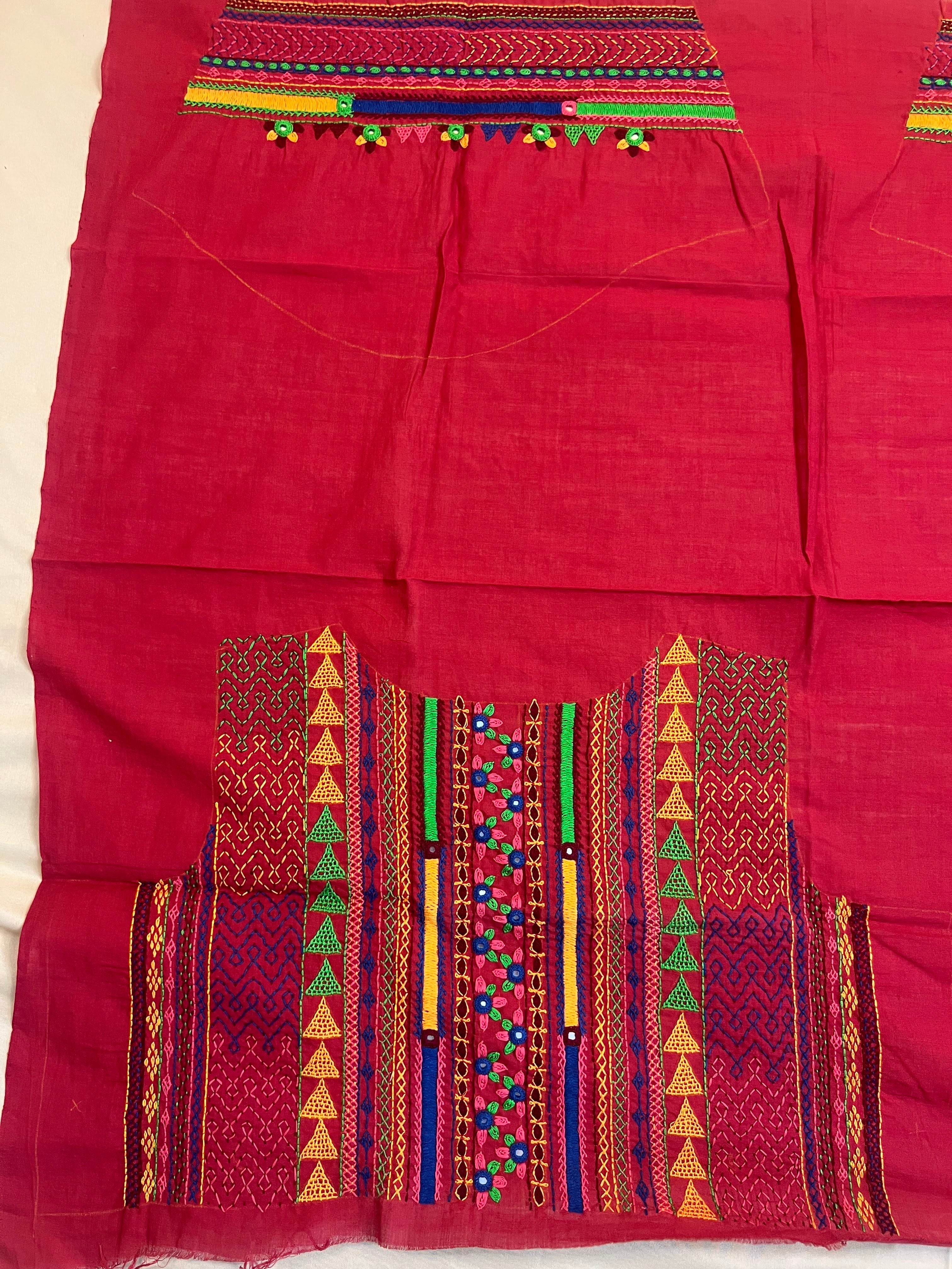 Deep Red Festive Statement Design Handloom Mangalagiri Cotton Lambani Embroidered Blouse Piece (Unstitched)