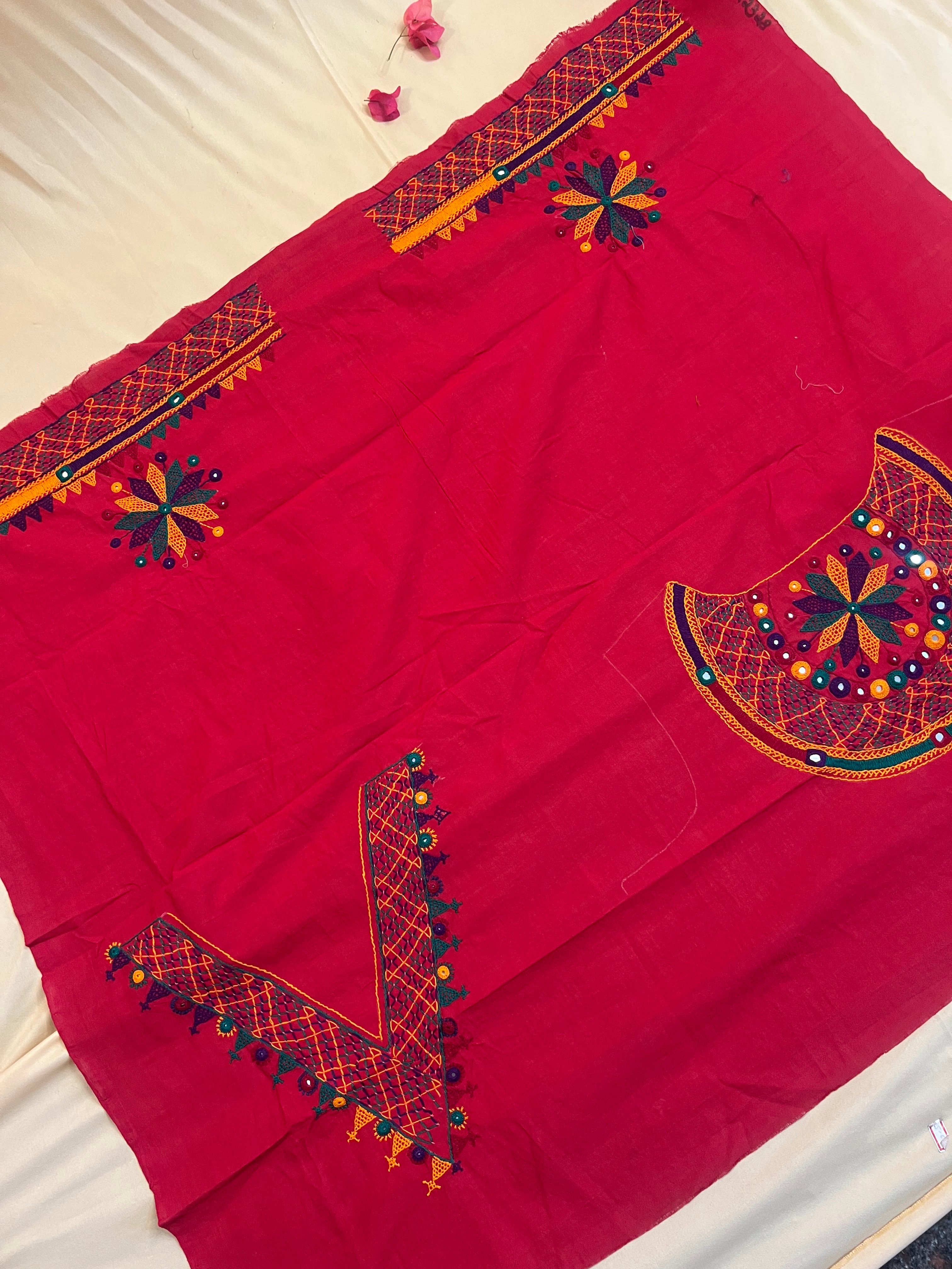 Deep Red Multicolor Motif Handloom Mangalagiri Cotton Lambani Embroidered Blouse Piece (Unstitched)