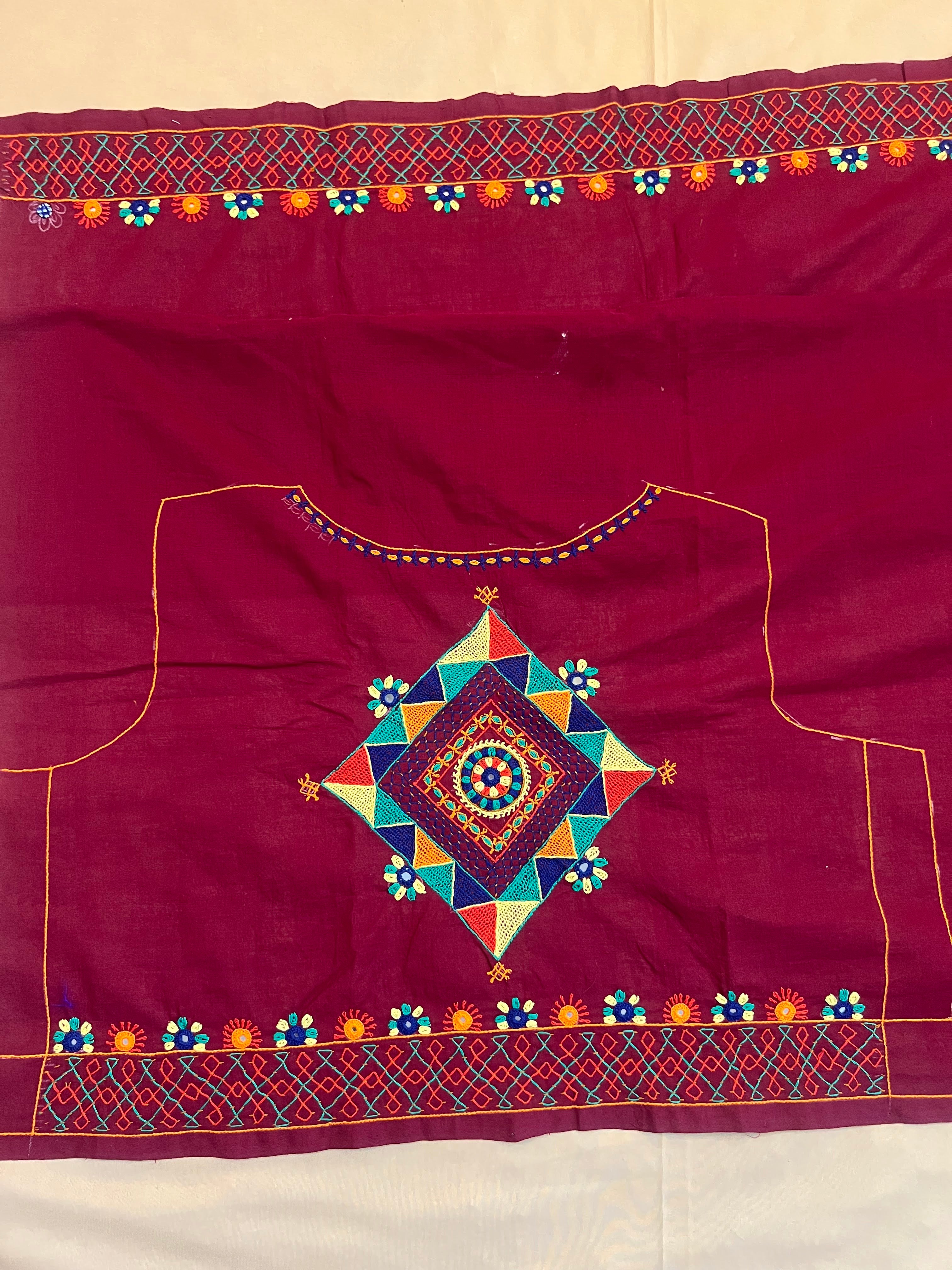 Maroon Geometric Center Motif Handloom Mangalagiri Cotton Lambani Embroidered Blouse Piece (Unstitched)