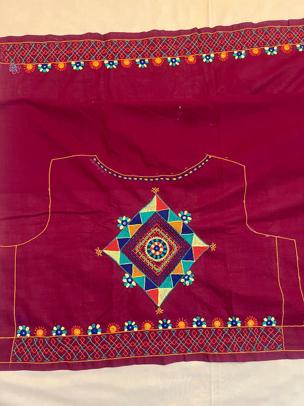 Maroon Geometric Center Motif Handloom Mangalagiri Cotton Lambani Embroidered Blouse Piece (Unstitched)
