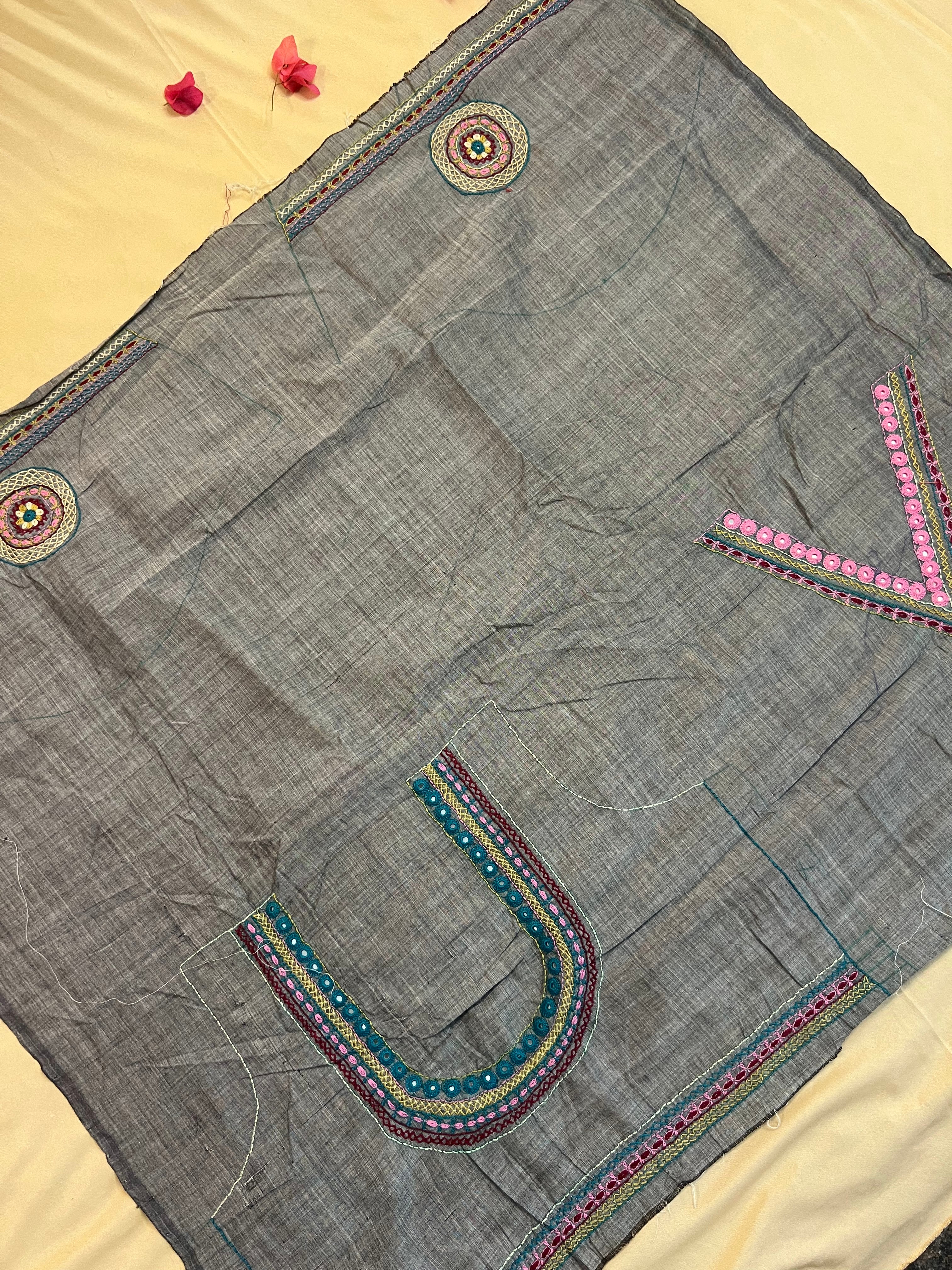 Grey Minimal Motif Design Handloom Mangalagiri Cotton Lambani Embroidered Blouse Piece (Unstitched)