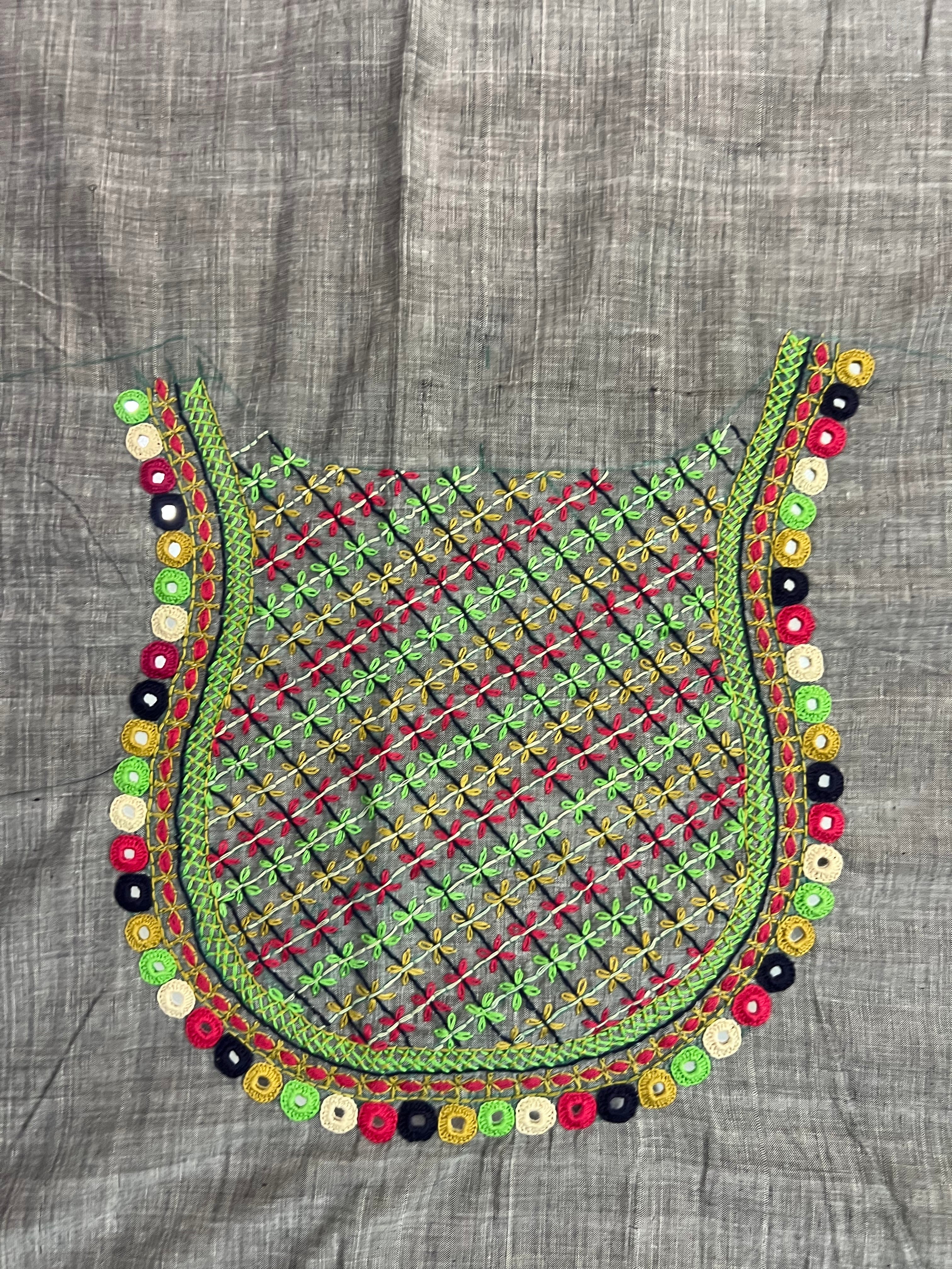 Grey Multicolor Geometric Design Handloom Mangalagiri Cotton Lambani Embroidered Blouse Piece (Unstitched)