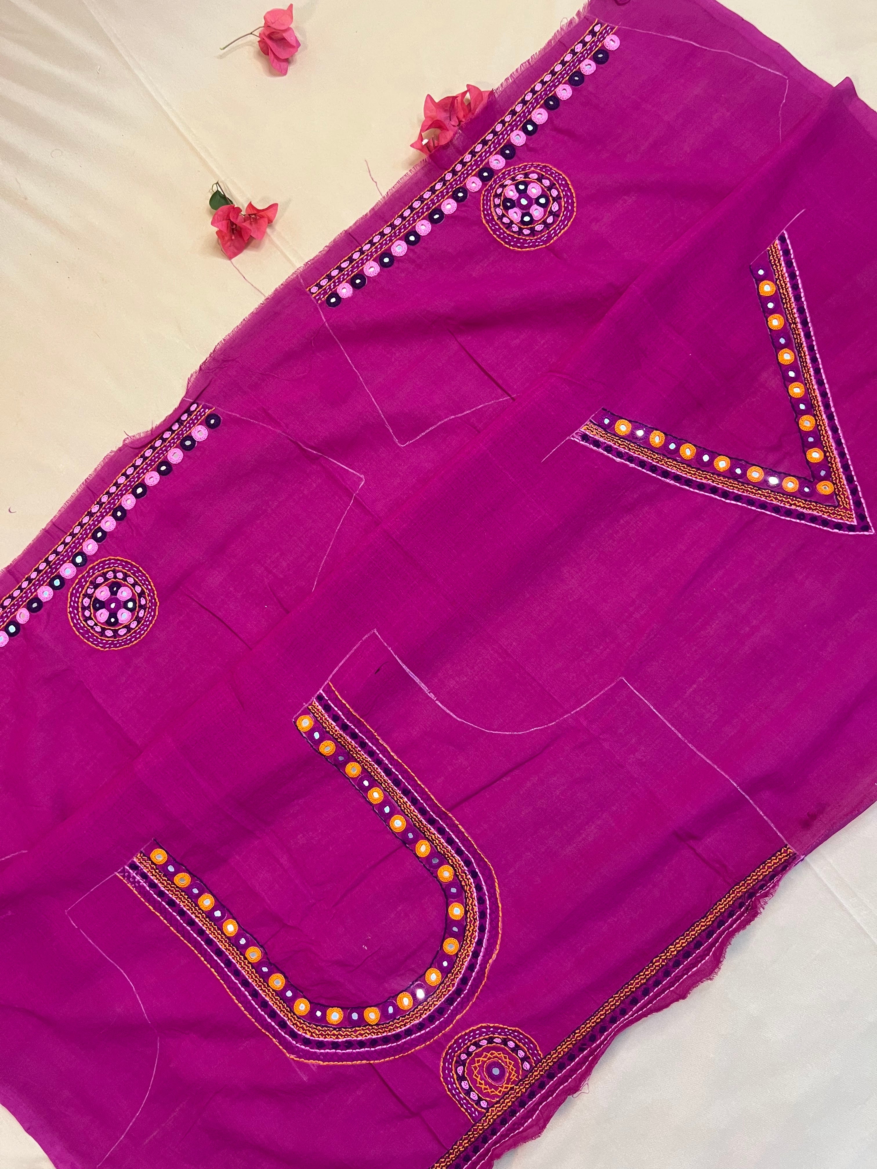 Rani Pink Minimal Neckline Design Handloom Mangalagiri Cotton Lambani Embroidered Blouse Piece (Unstitched)