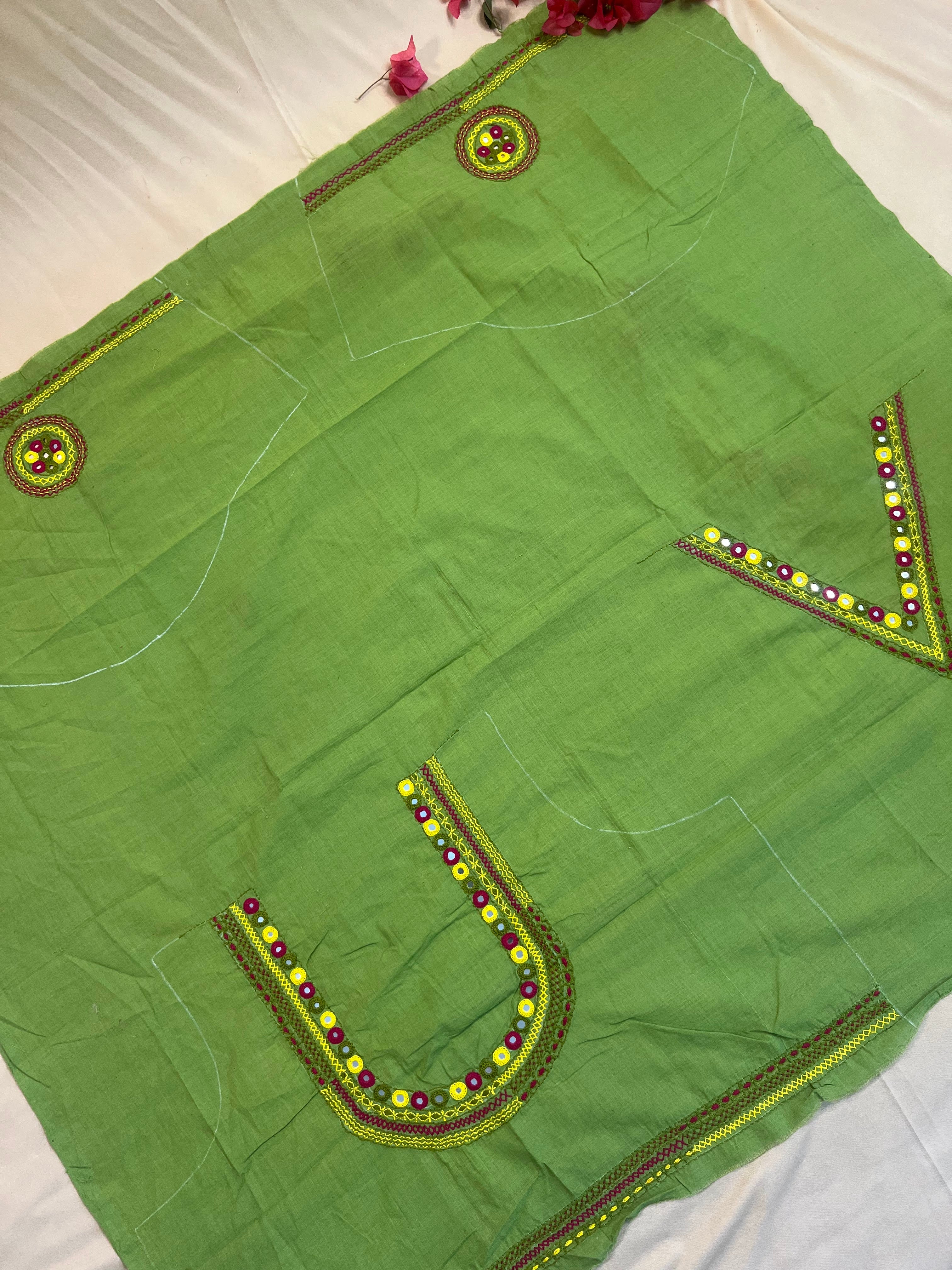 Parrot Green Minimal Neckline Handloom Mangalagiri Cotton Lambani Embroidered Blouse Piece (Unstitched)