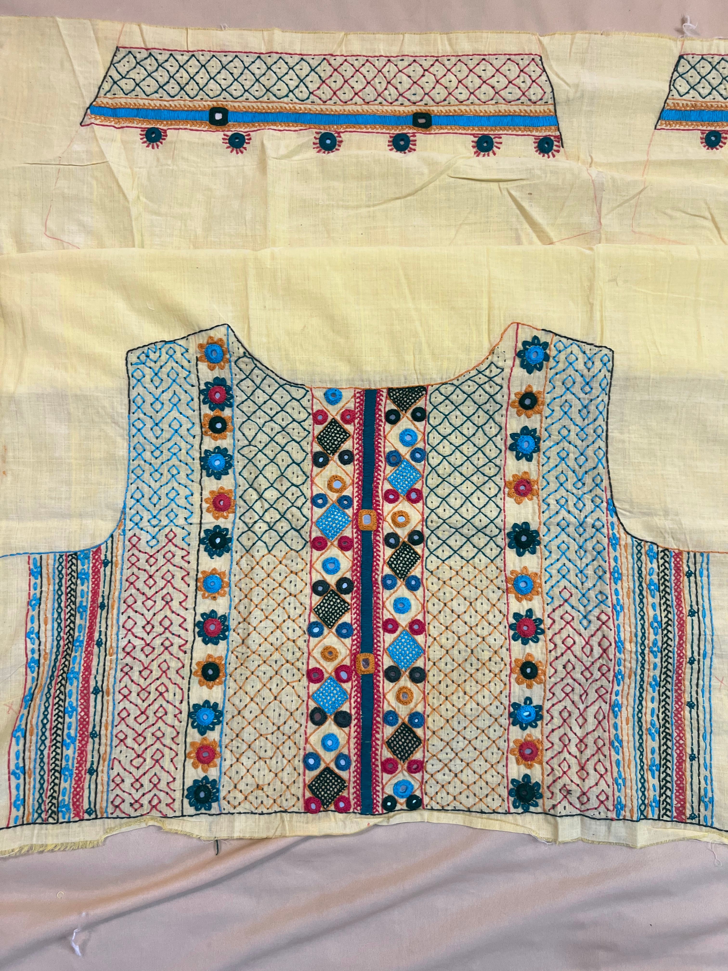 Off-White Multicolor Panel Design Handloom Mangalagiri Cotton Lambani Embroidered Blouse Piece (Unstitched)