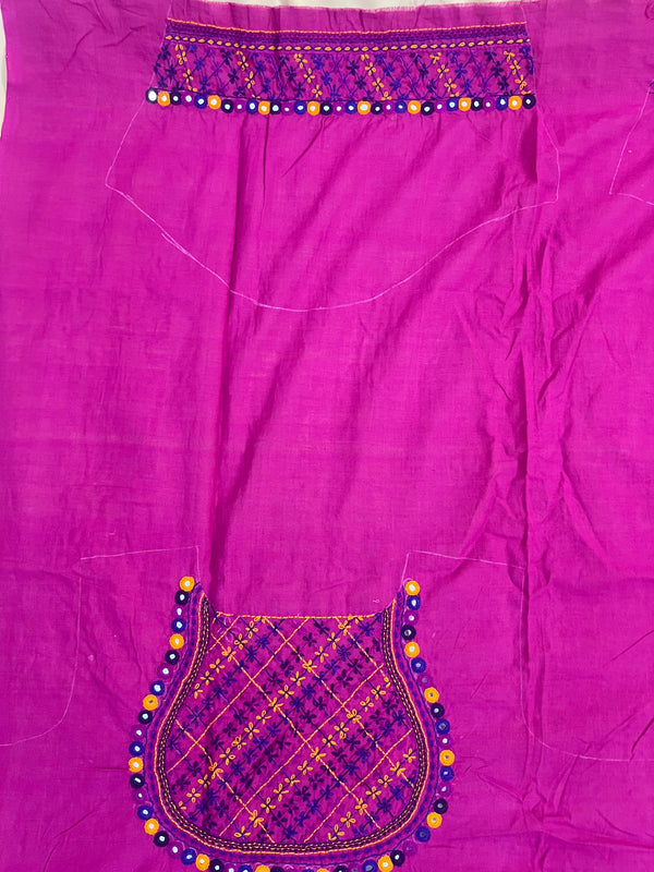 Rani Pink Geometric Yoke Design Handloom Mangalagiri Cotton Lambani Embroidered Blouse Piece (Unstitched)