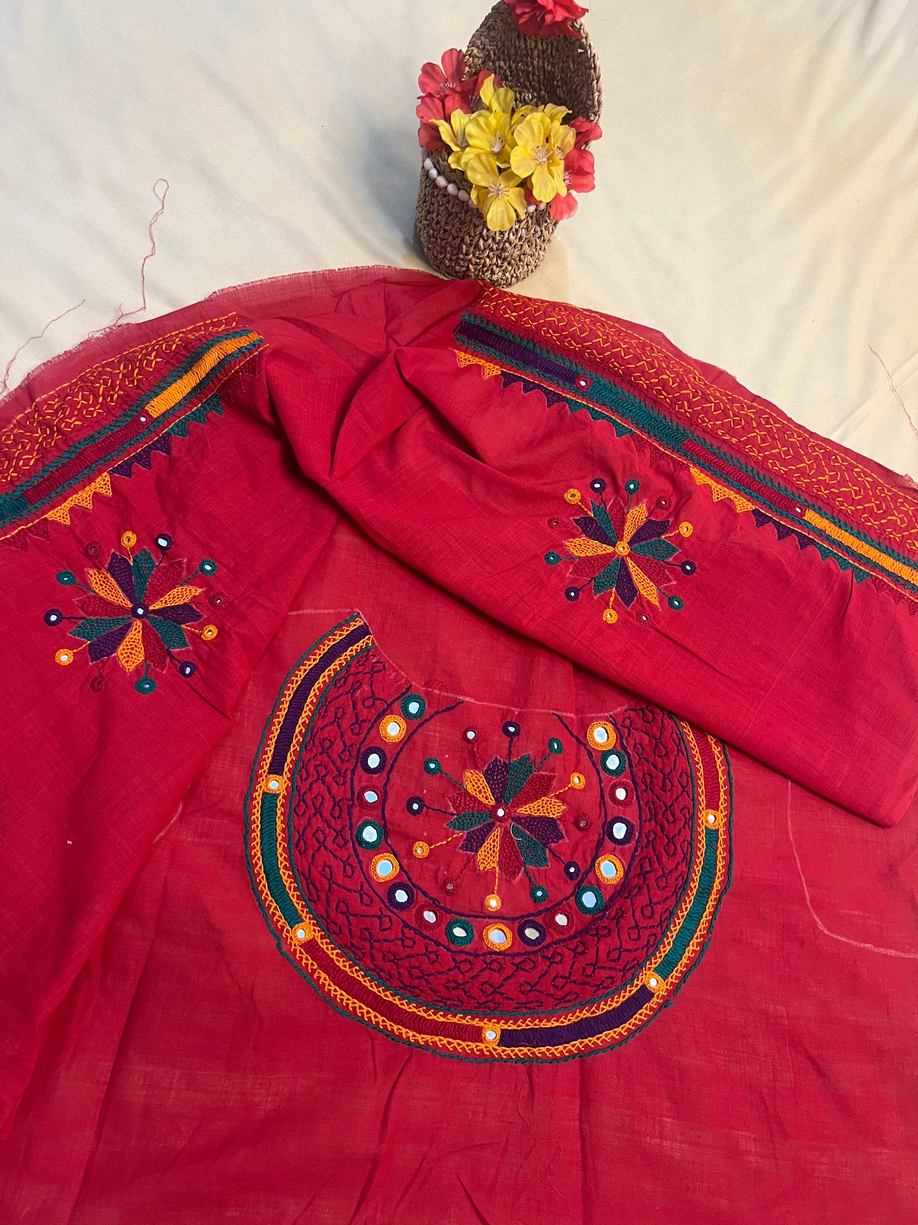 Festive Red Statement Circular Yoke Design Handloom Mangalagiri Cotton Lambani Embroidered Blouse Piece (Unstitched)