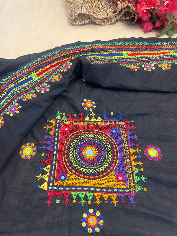 Black Multicolor Statement Square Yoke  Handloom Mangalagiri Cotton Lambani Embroidered Blouse Piece (Unstitched)