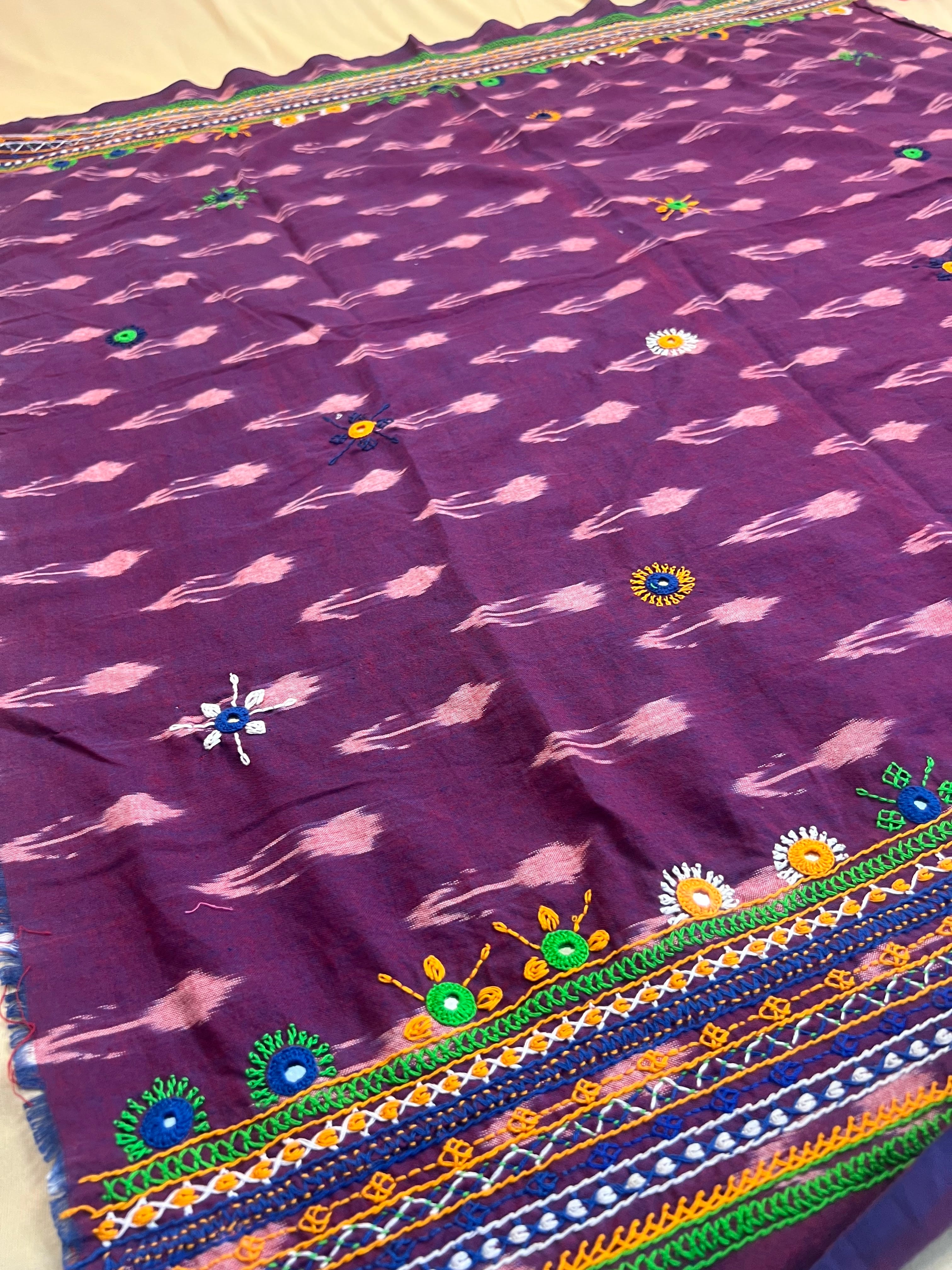 Deep Purple Hand Embroidered Lambani Work Ikat Cotton Blouse Piece