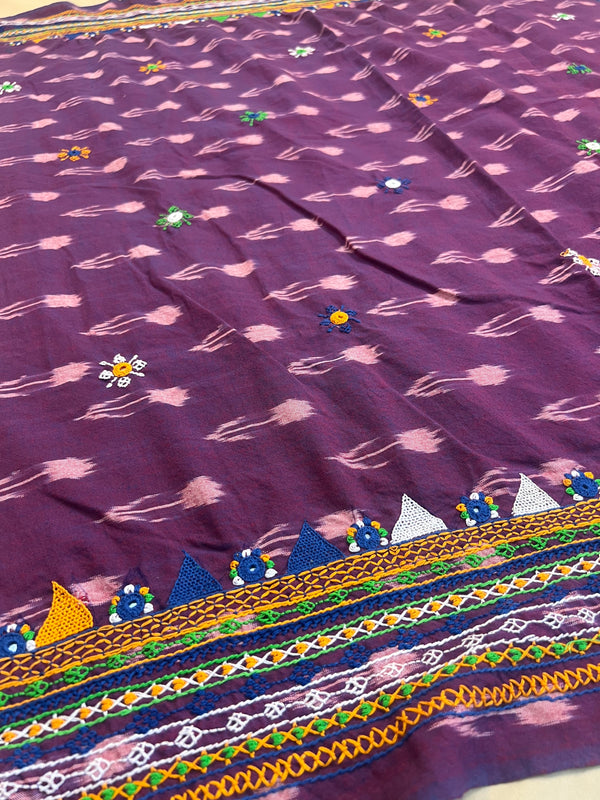 Deep Purple Hand Embroidered Lambani Work Ikat Cotton Blouse Piece