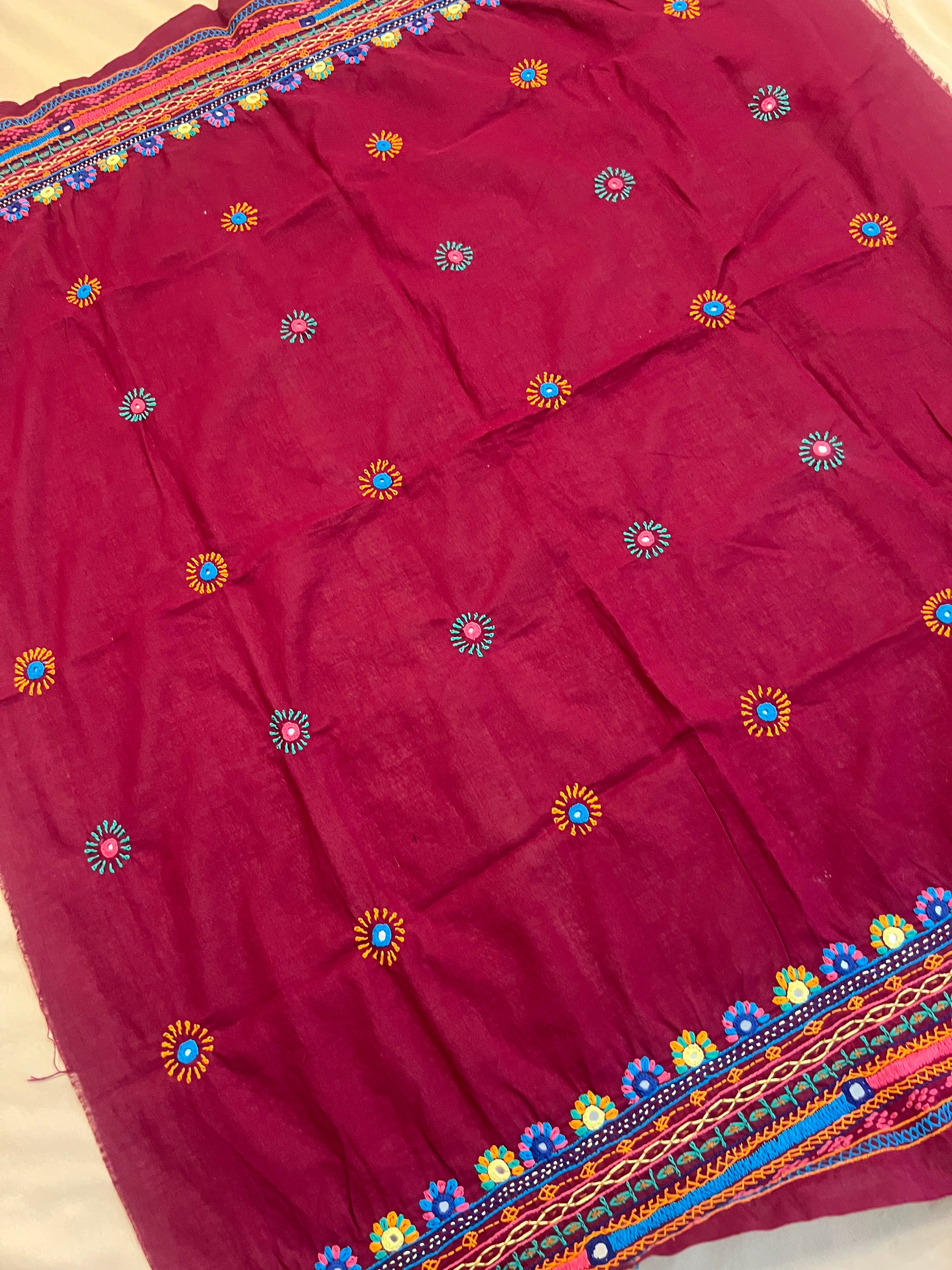 Maroon Hand Embroidered Lambani Work Ikat Cotton Blouse Piece