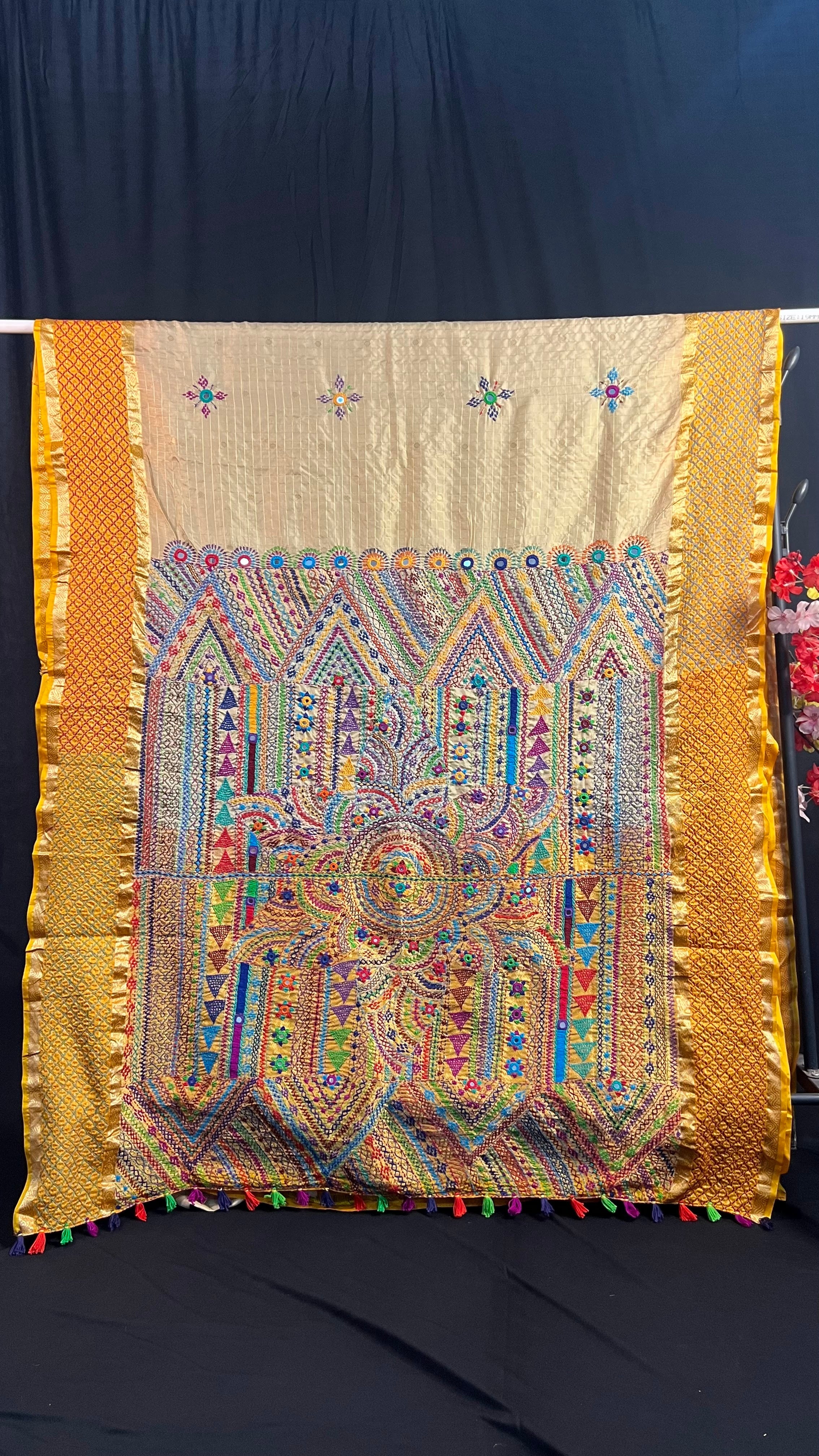 Ivory Cream & Mustard Gold with Multicolor Embroidered Pallu Molakalmuru Silk Lambani Saree