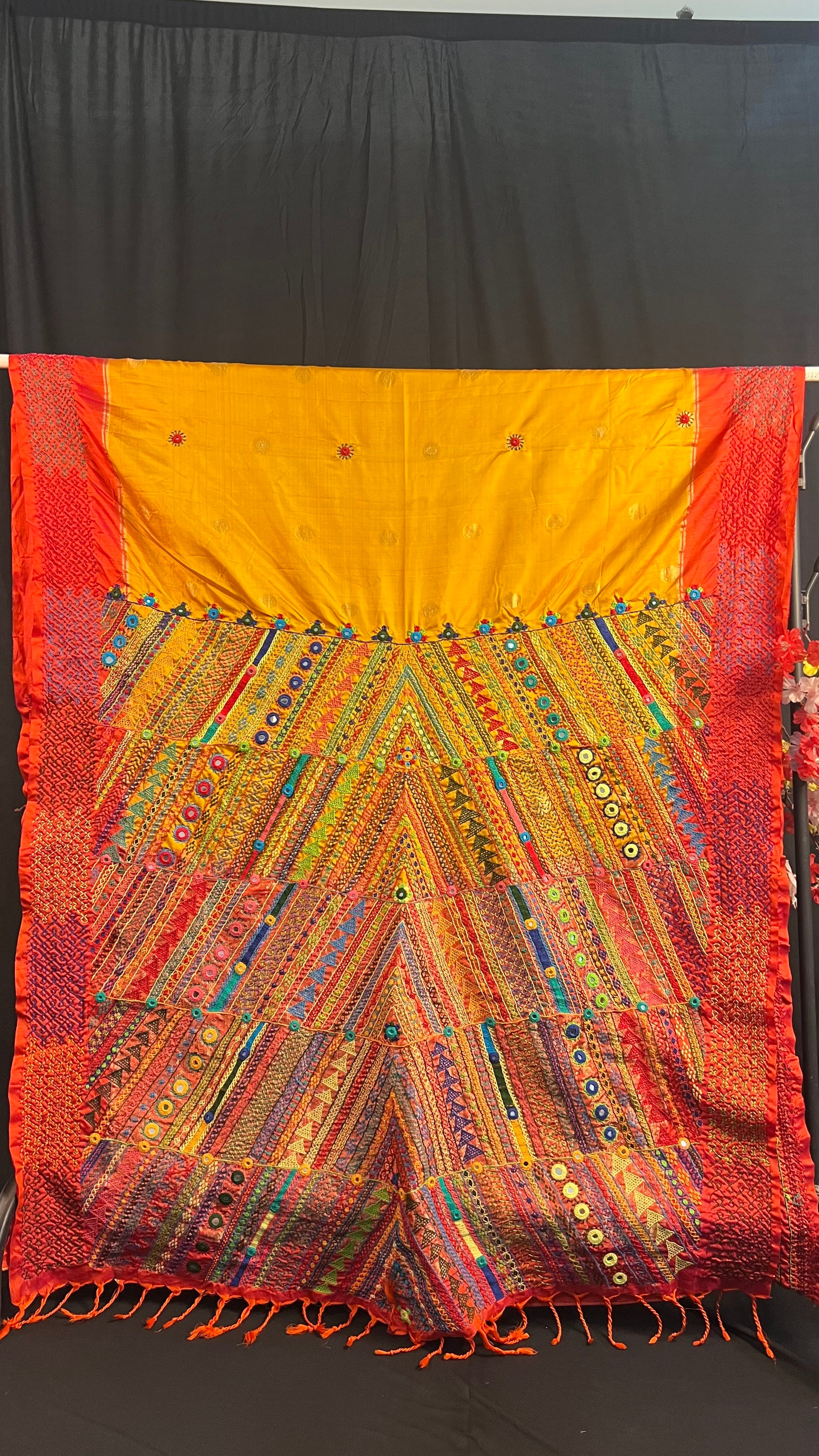 Mustard Yellow & Burnt Orange Embroidered Saree Molakalmuru Silk Lambani Saree