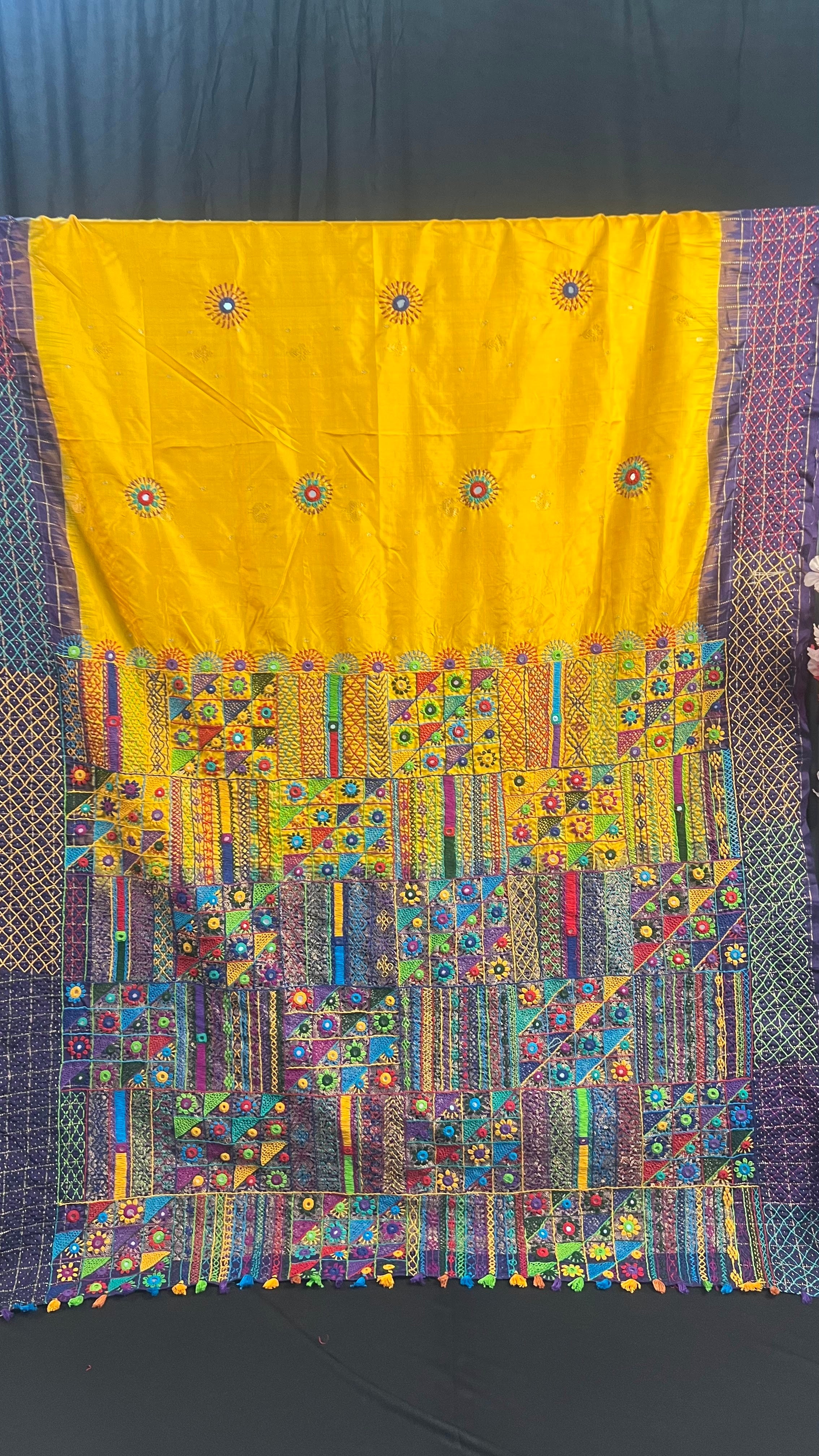 Mustard Yellow & Royal Purple Heavy Embroidered Saree Molakalmuru Silk Lambani Saree
