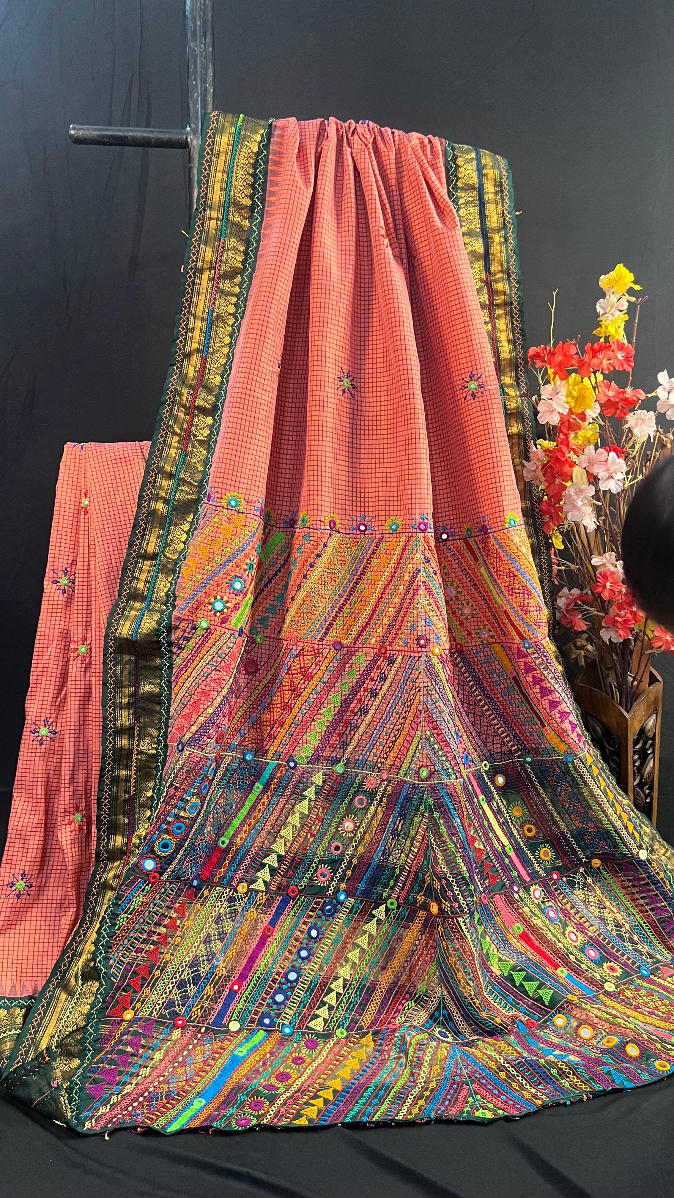 Peach Pink & Deep Green Heavy Embroidered Saree Molakalmuru Silk Lambani Saree