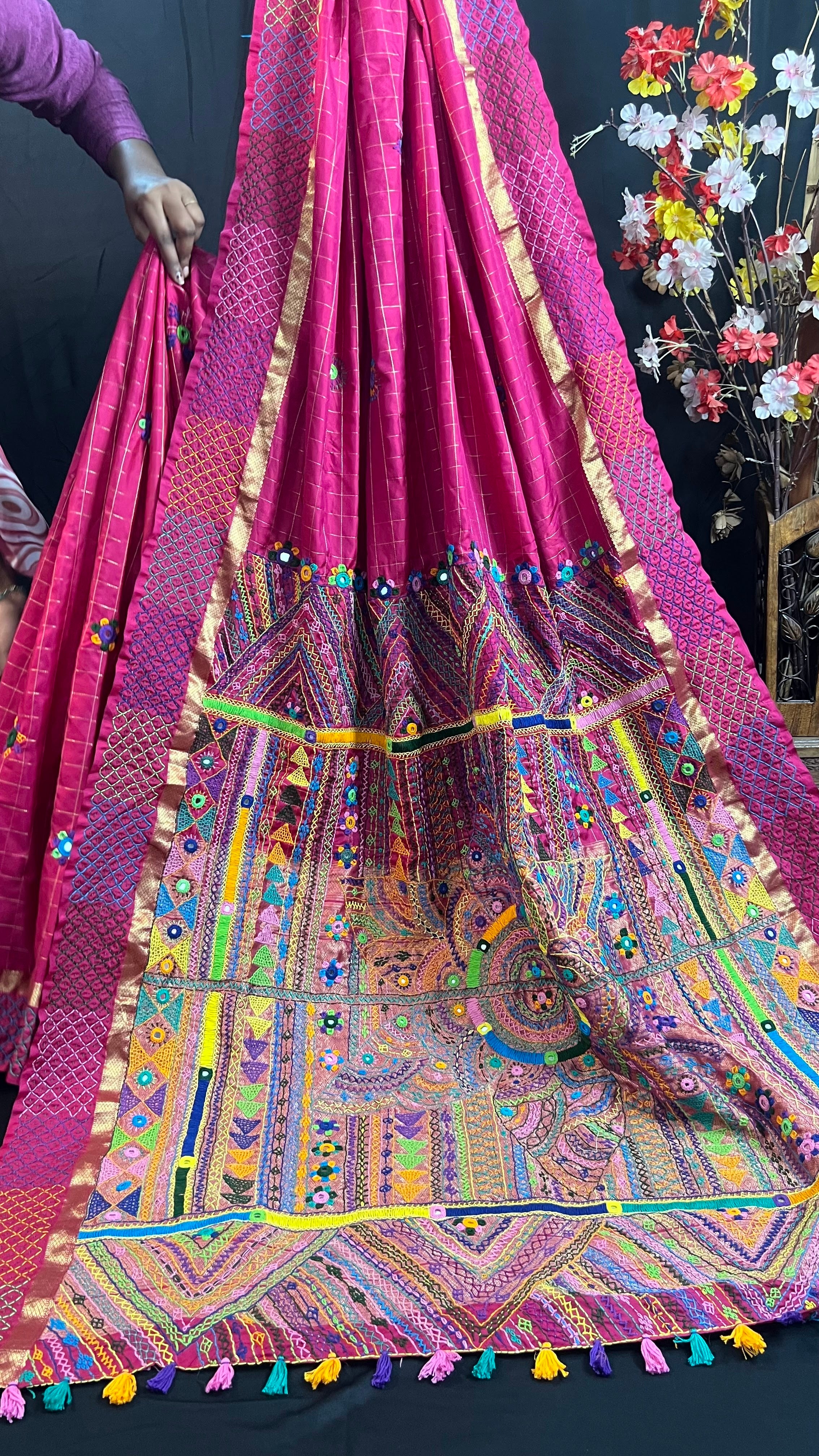 Rani Pink with Multicolor Embroidered Pallu Molakalmuru Silk Lambani Saree