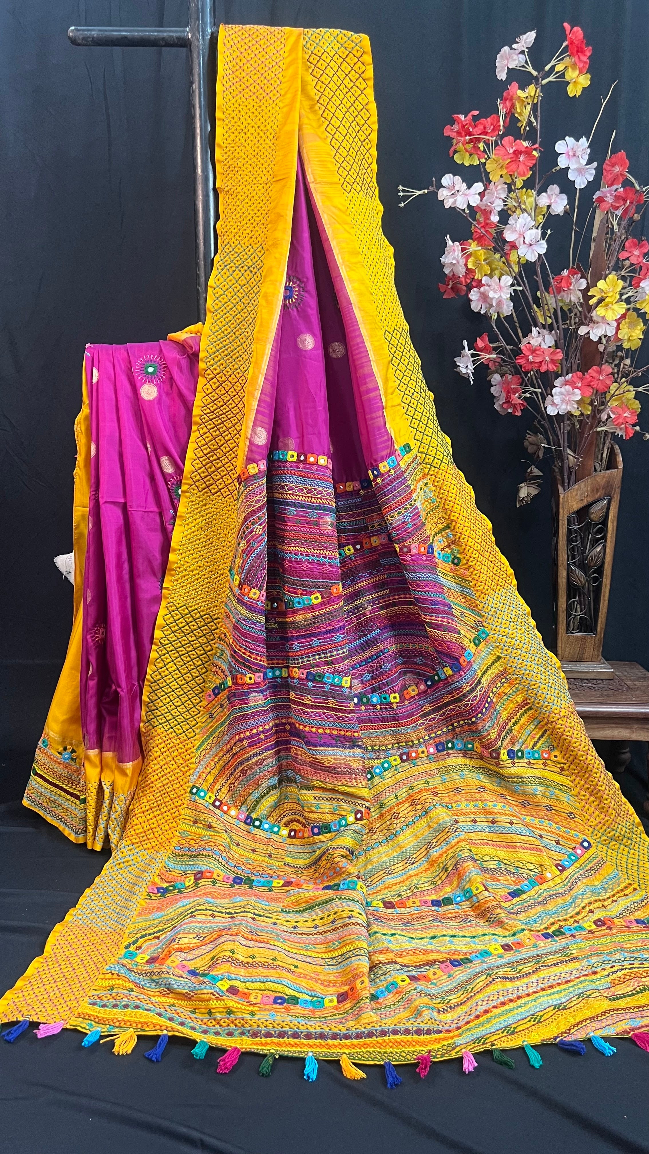 Royal Magenta & Mustard Yellow Molakalmuru Silk Lambani Saree