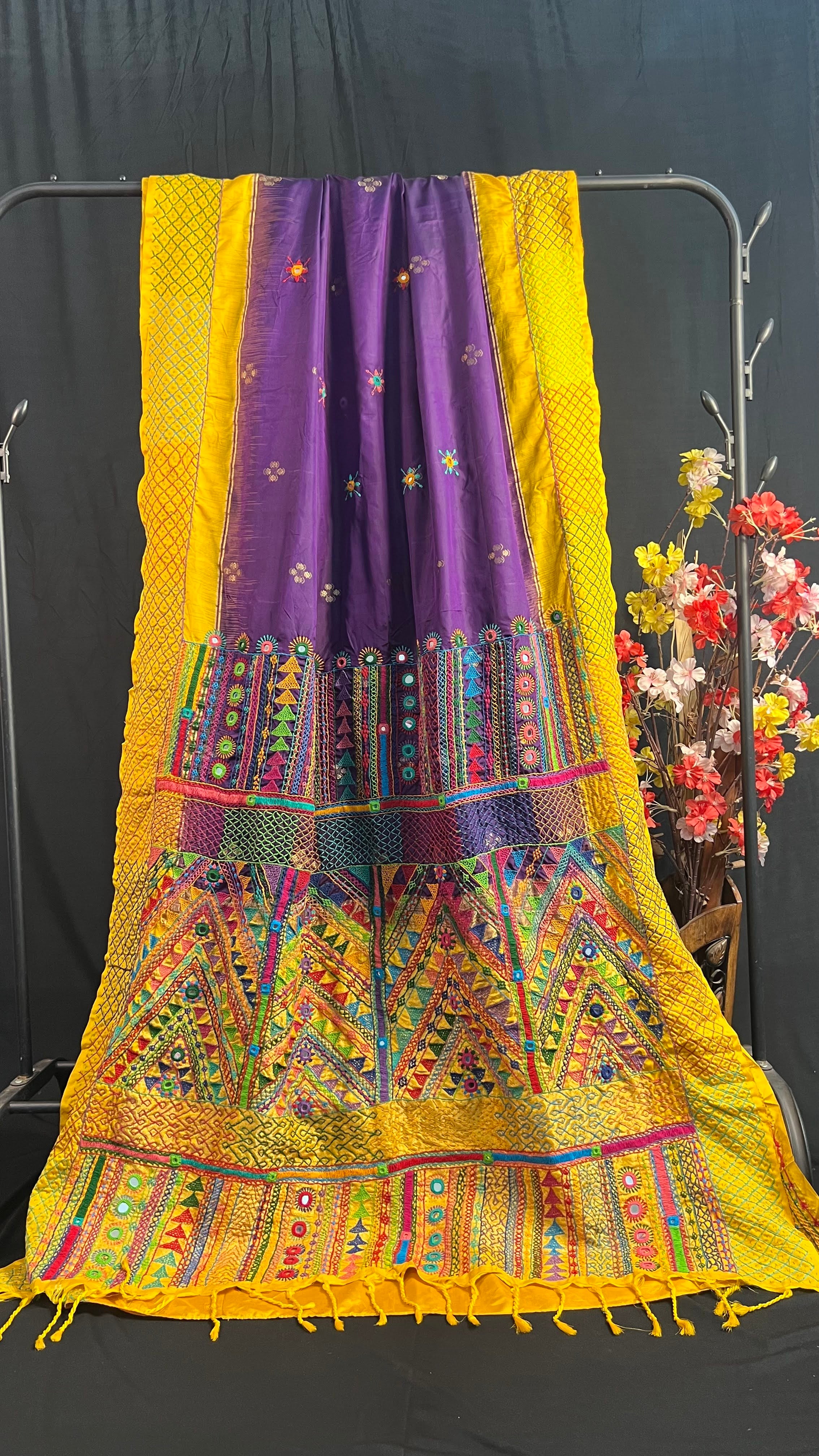 Royal Purple & Mustard Yellow Embroidered Saree Molakalmuru Silk Lambani Saree