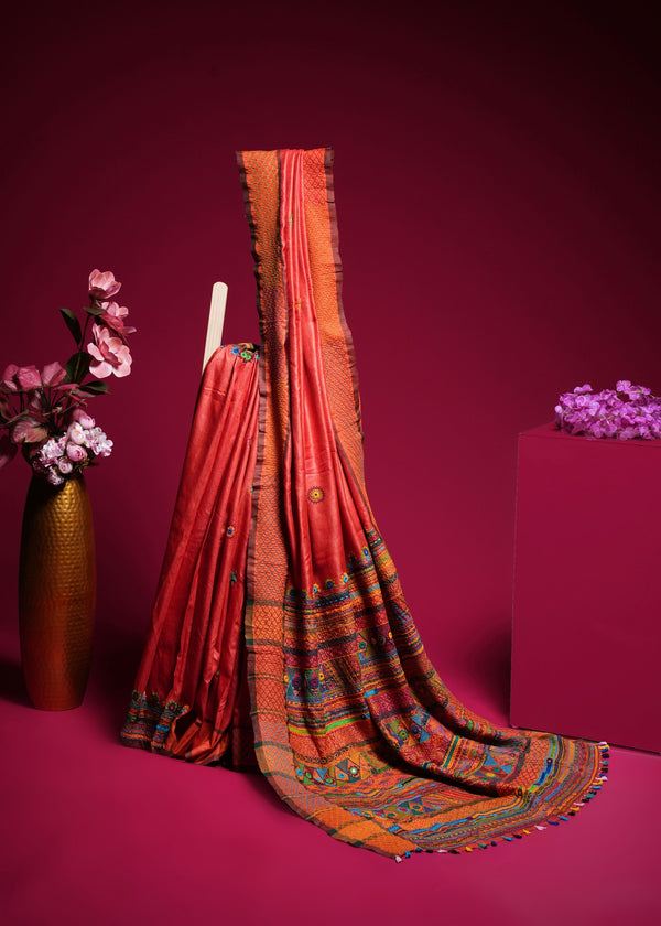 Rust Orange Tusser Silk Lambani Saree with Multicolor Embroidered Pallu