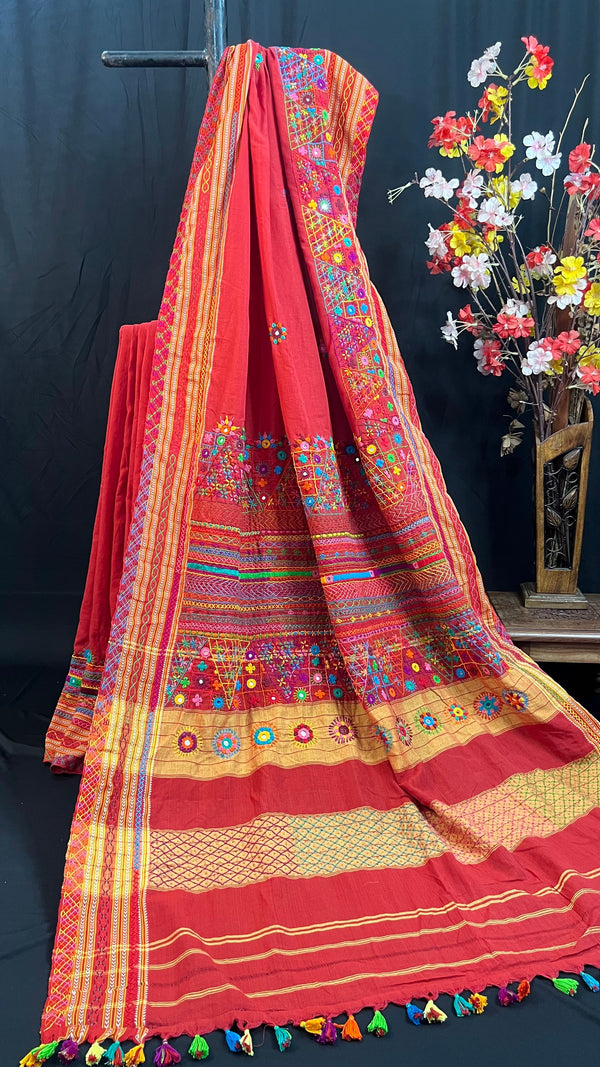 Rustic Maroon with Multicolor Hand Embroidered Border Ilkal Cotton Lambani Saree