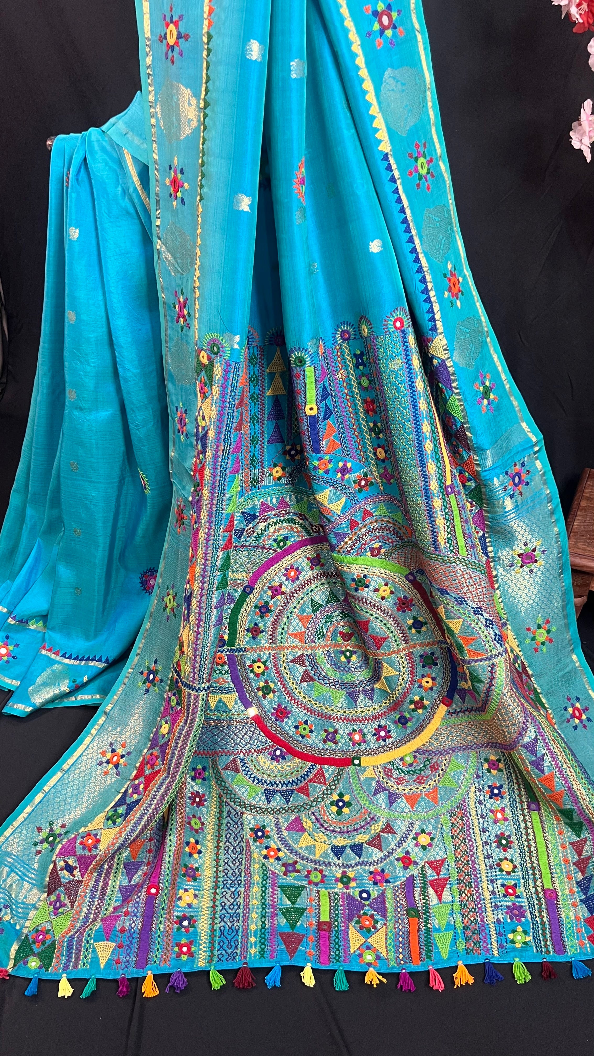 Sky Blue with Multicolor Embroidered Pallu Molakalmuru Silk Lambani Saree