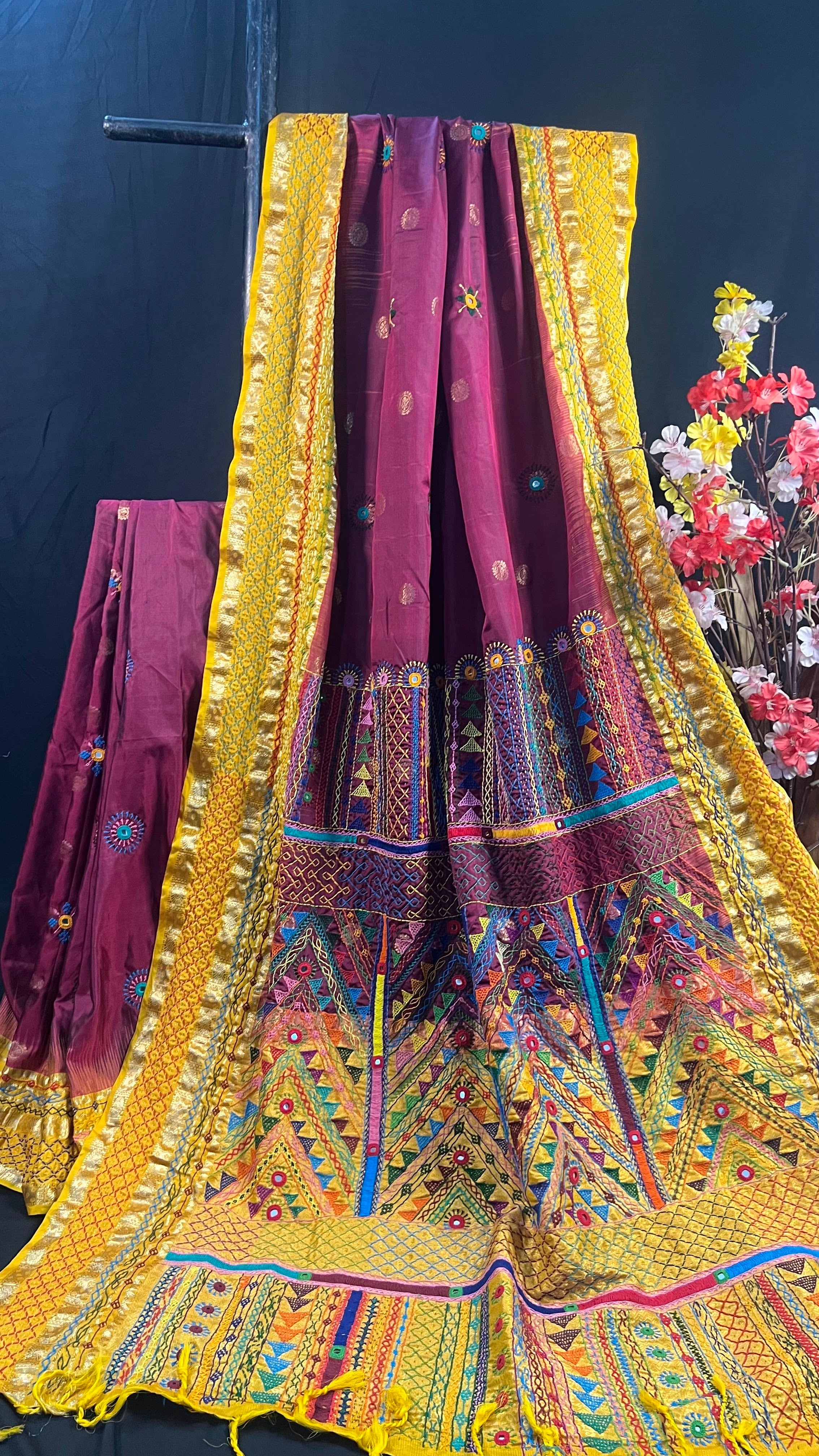Wine Purple & Mustard Yellow Embroidered Saree Molakalmuru Silk Lambani Saree